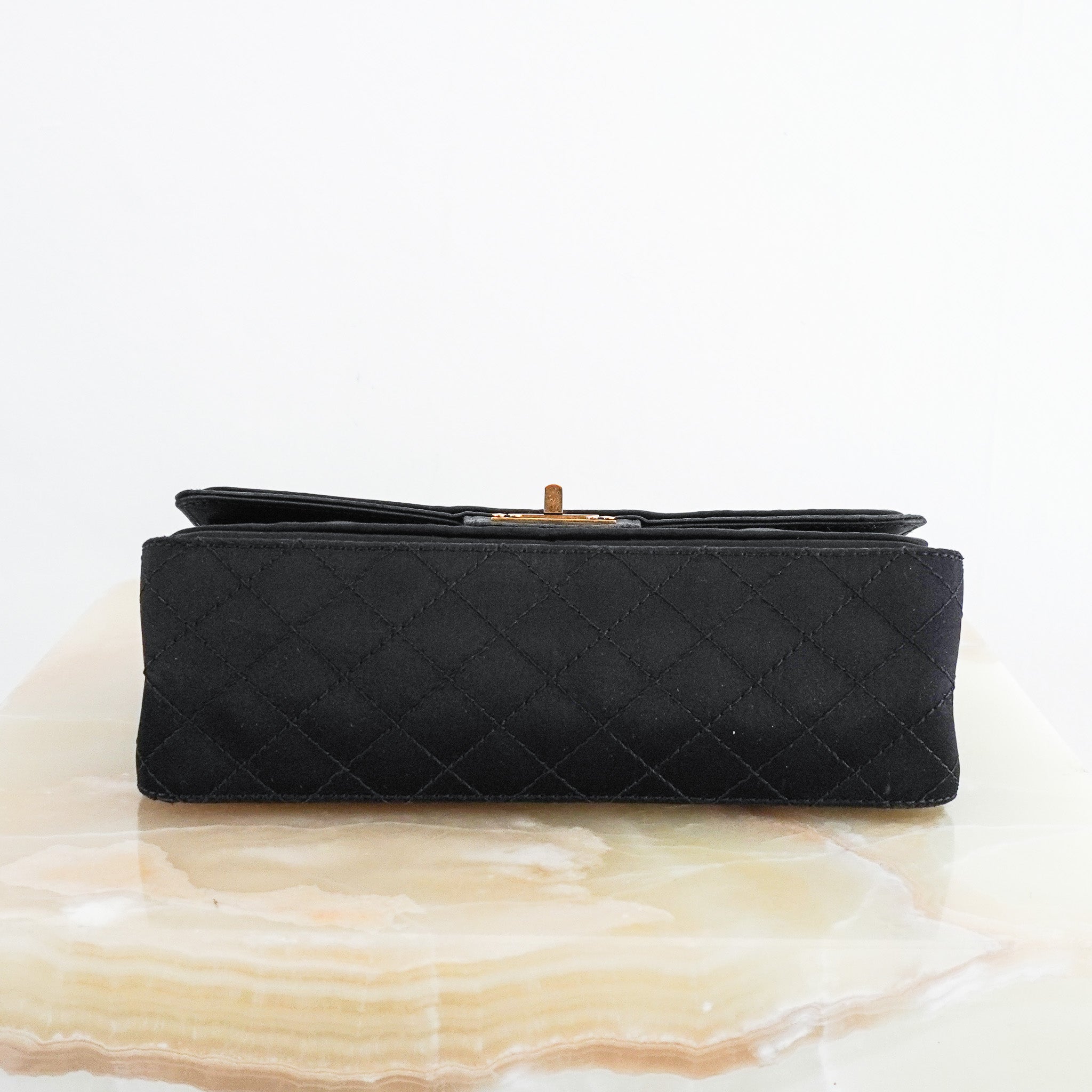 Chanel 2.55 Reissue Double Flap Bag in Black Satin with Aged Gold Hardware RRP £8850 | Authentic Preloved - Reloved Again