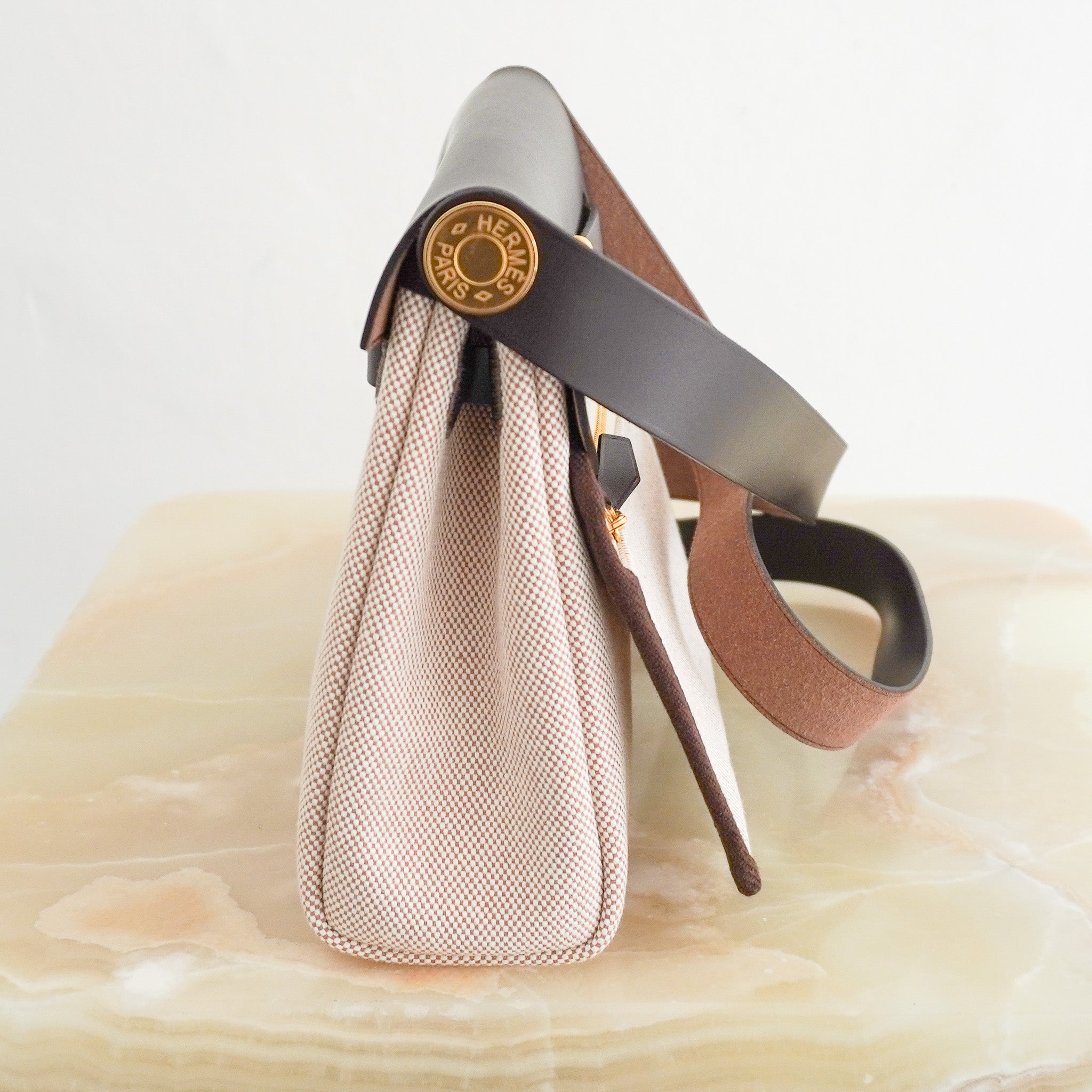 NEW Hermes Mini Herbag 20 in Ebene Vache Leather and Ecru Canvas | Authentic Preloved - Reloved Again