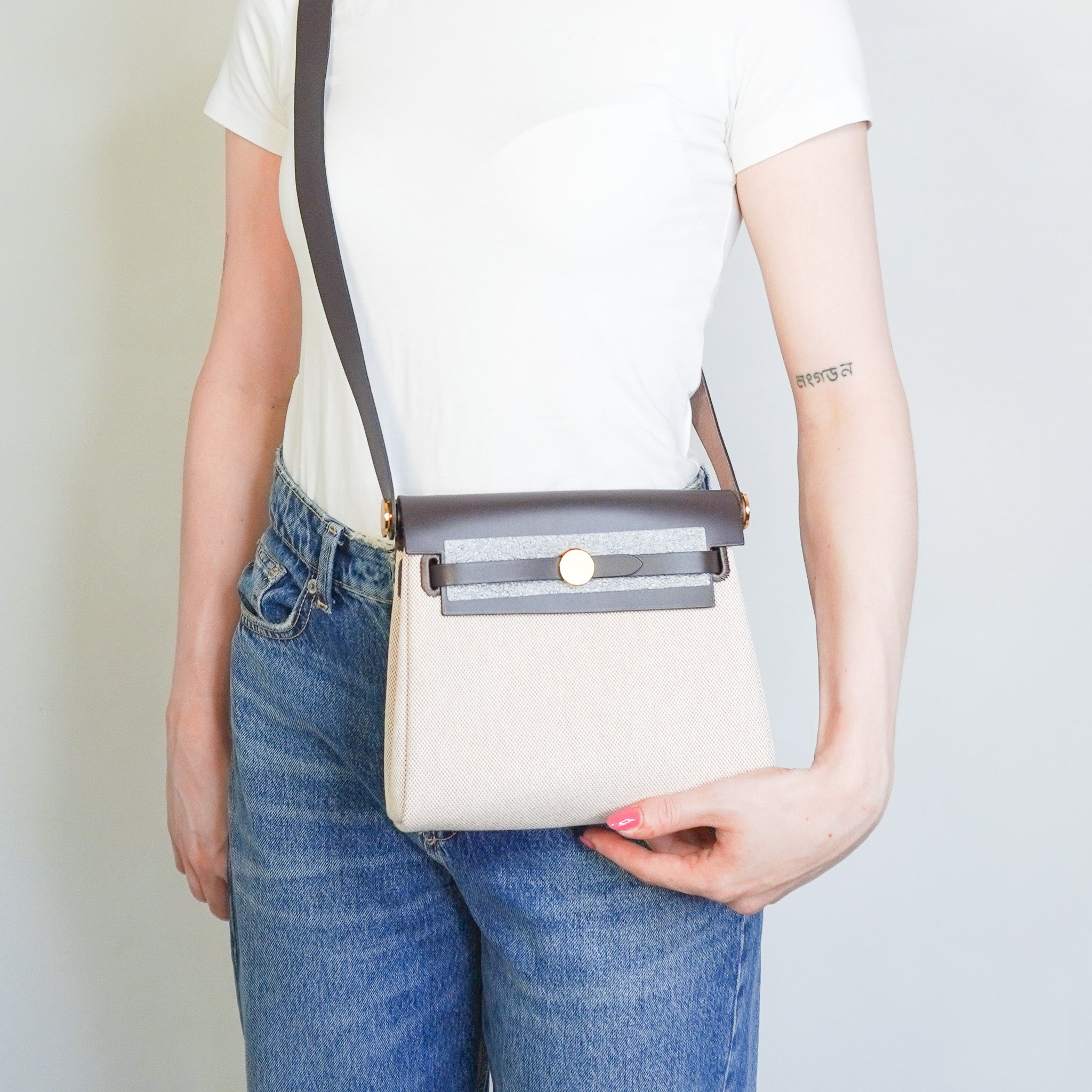 NEW Hermes Mini Herbag 20 in Ebene Vache Leather and Ecru Canvas | Authentic Preloved - Reloved Again