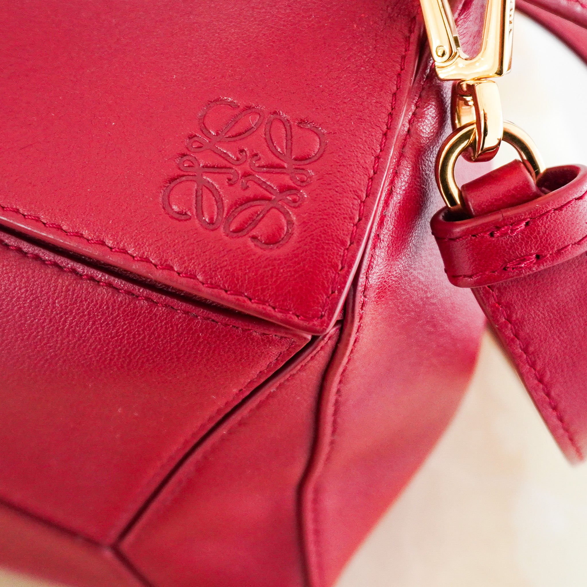 CURRENT SEASON Loewe Small Leather Featherlight Puzzle Top - Handle Bag in Burgundy RRP £3250 | Authentic Preloved - Reloved Again