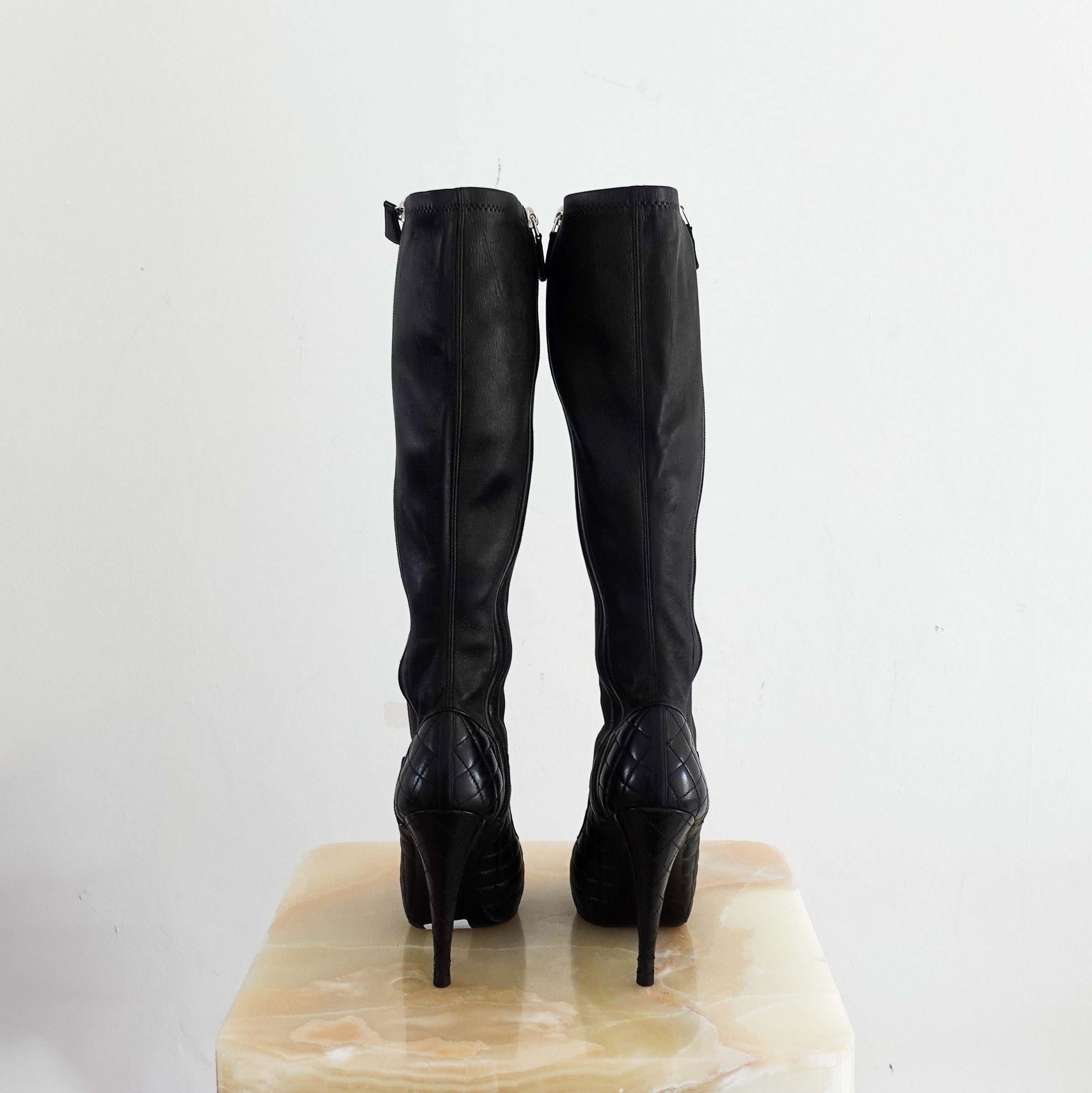 Chanel quilted leather high heeled boots in black RRP £2200 | Authentic Preloved