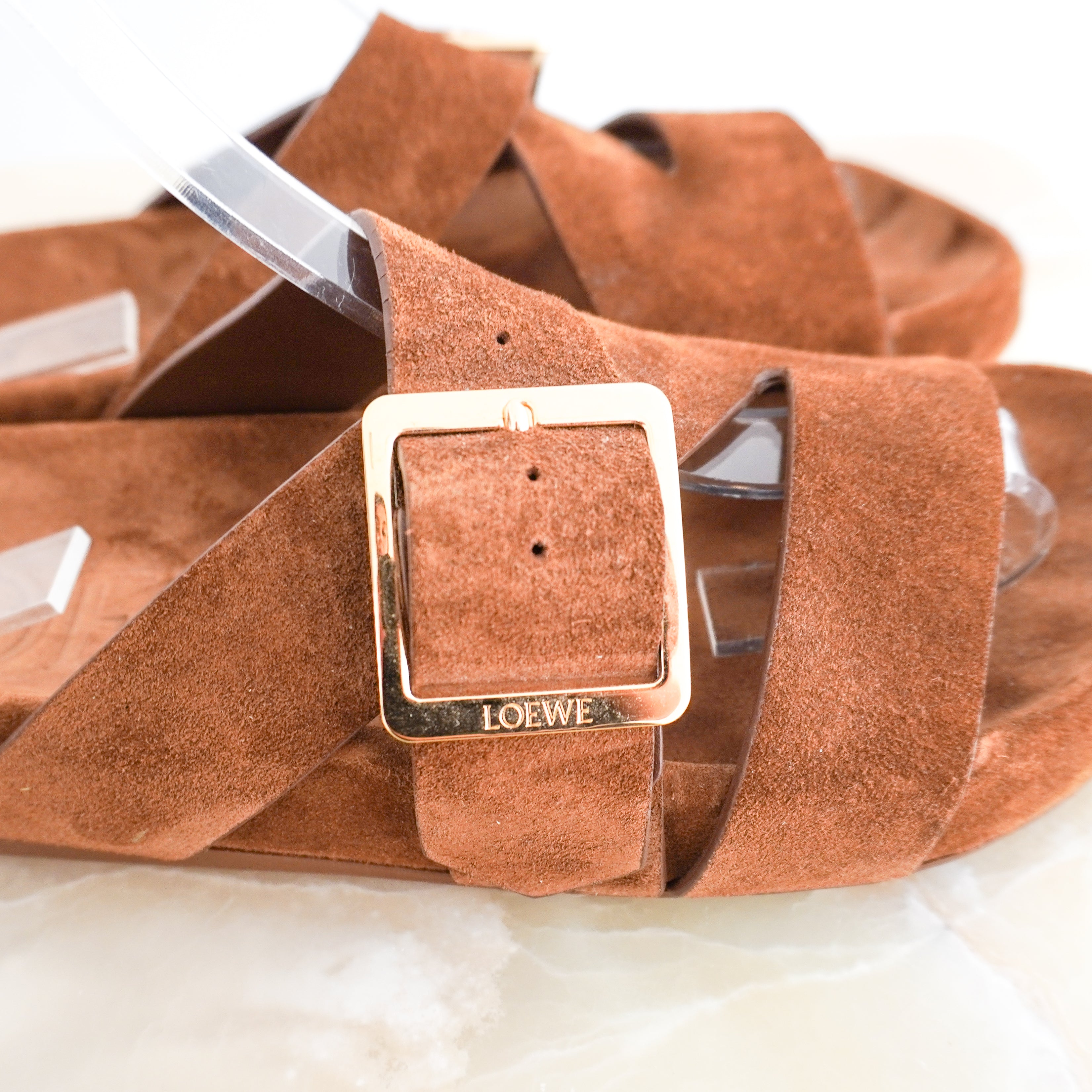 Loewe Ease Buckle Brown Suede Flat Sandals (RRP £650) | Authentic Preloved