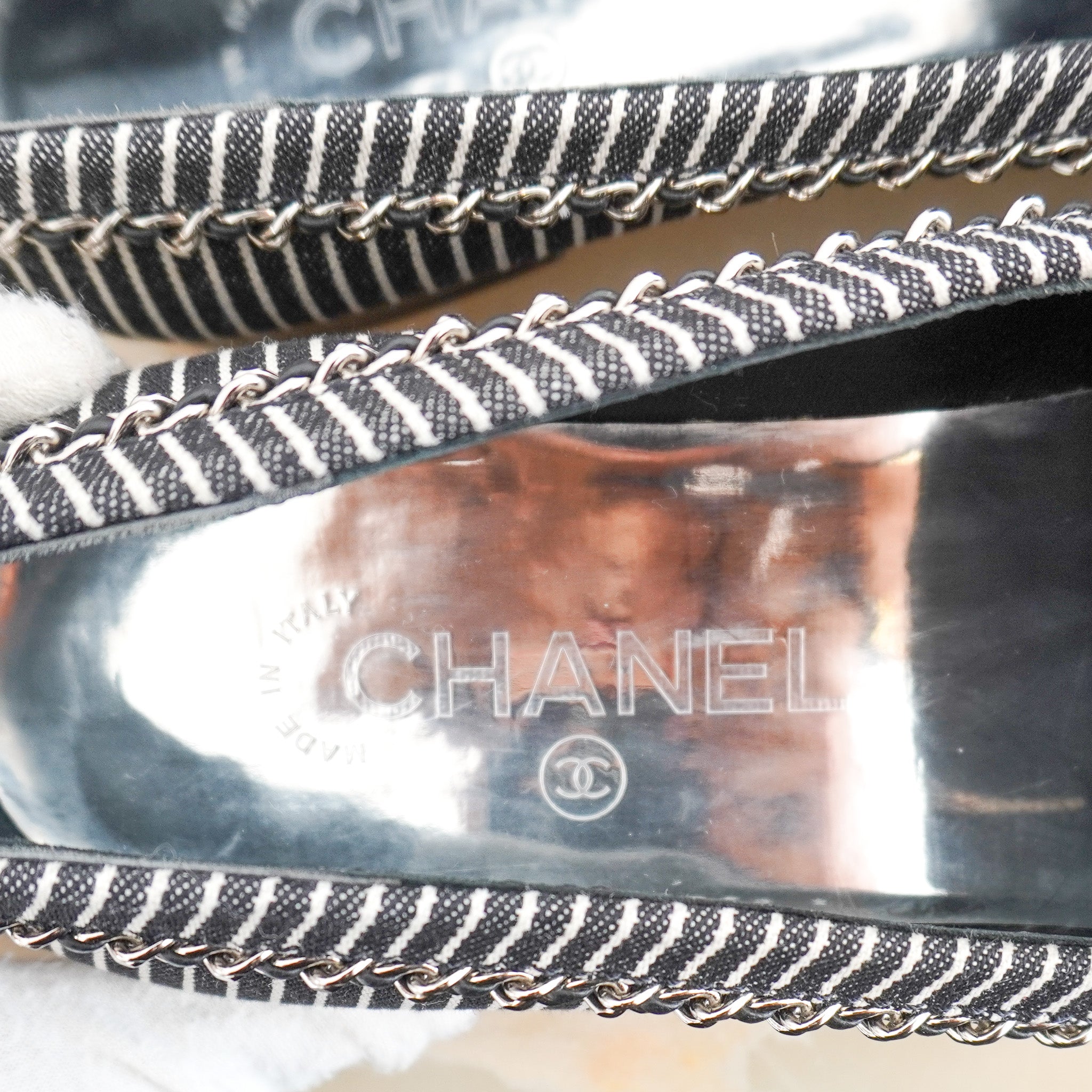 Chanel Bicolor Denim Stripe CC Chain Moccasin Loafers (RRP £1170) | Authentic Preloved