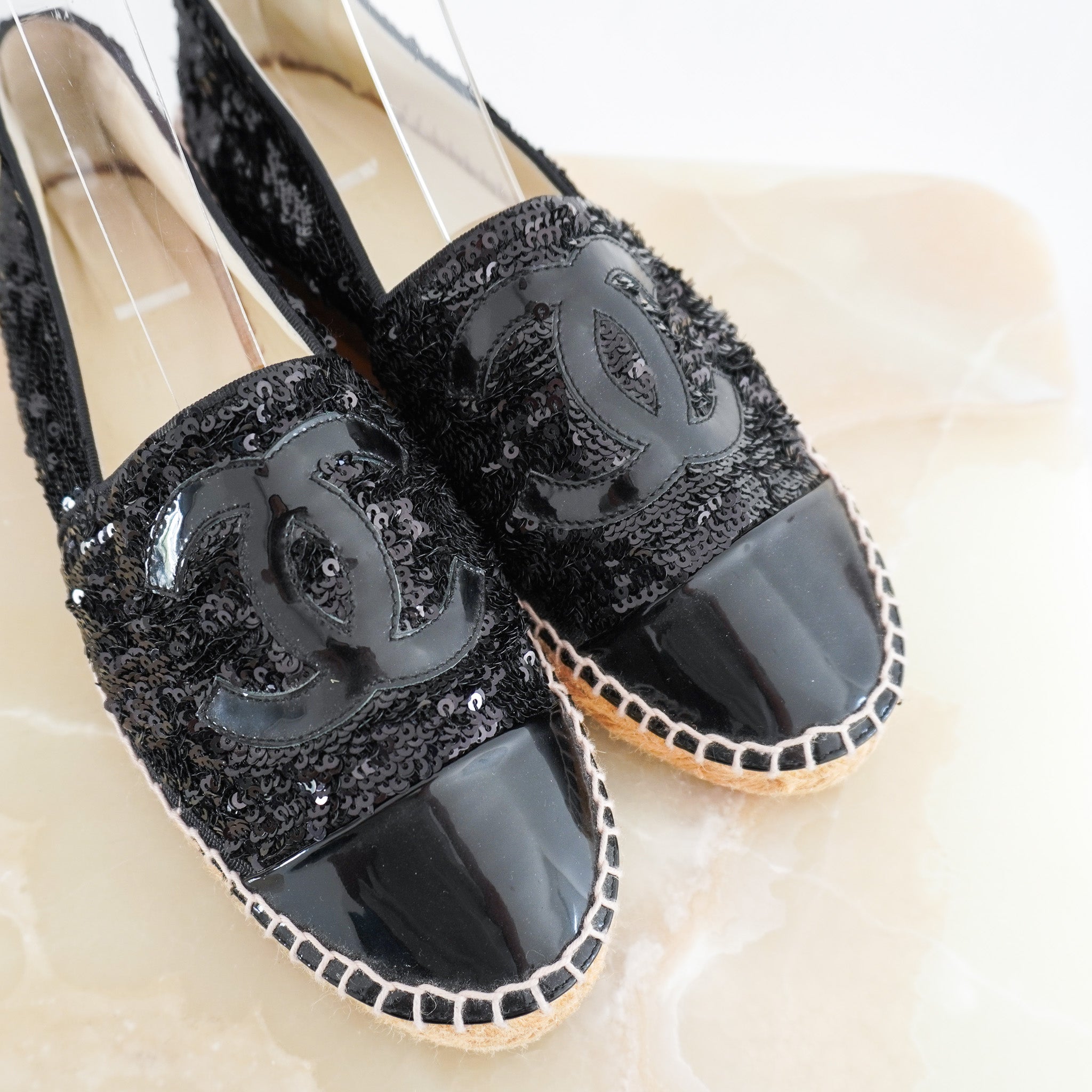 Chanel Sequin Patent CC Espadrilles in Black RRP £850 | Authentic Preloved - Reloved Again