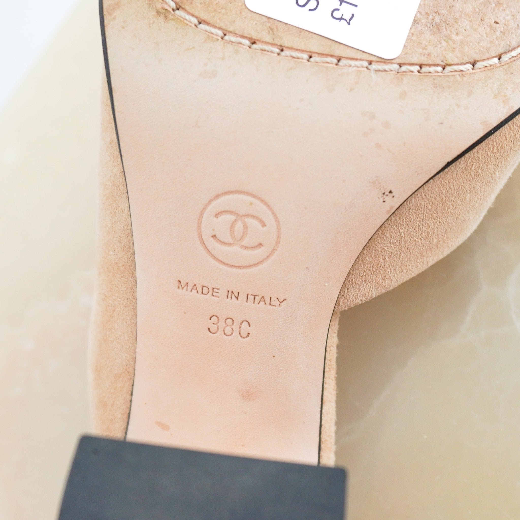 CURRENT SEASON Chanel Beige Suede & Black Patent Cap-Toe CC Mules (RRP £1050) | Authentic Preloved - Reloved Again