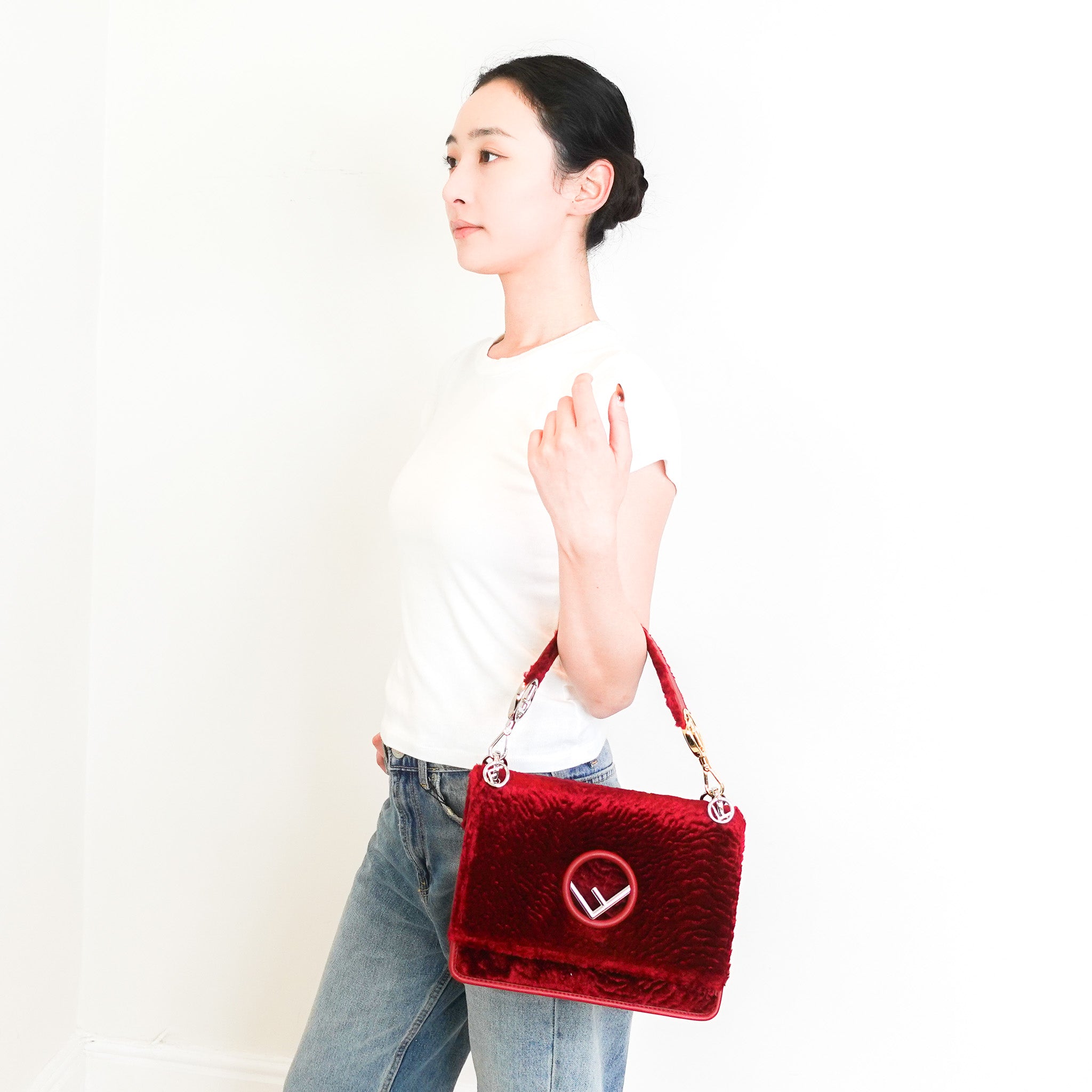 Fendi Kan I F Shoulder Red Velour Bag RRP £1890 | Authentic Preloved - Reloved Again
