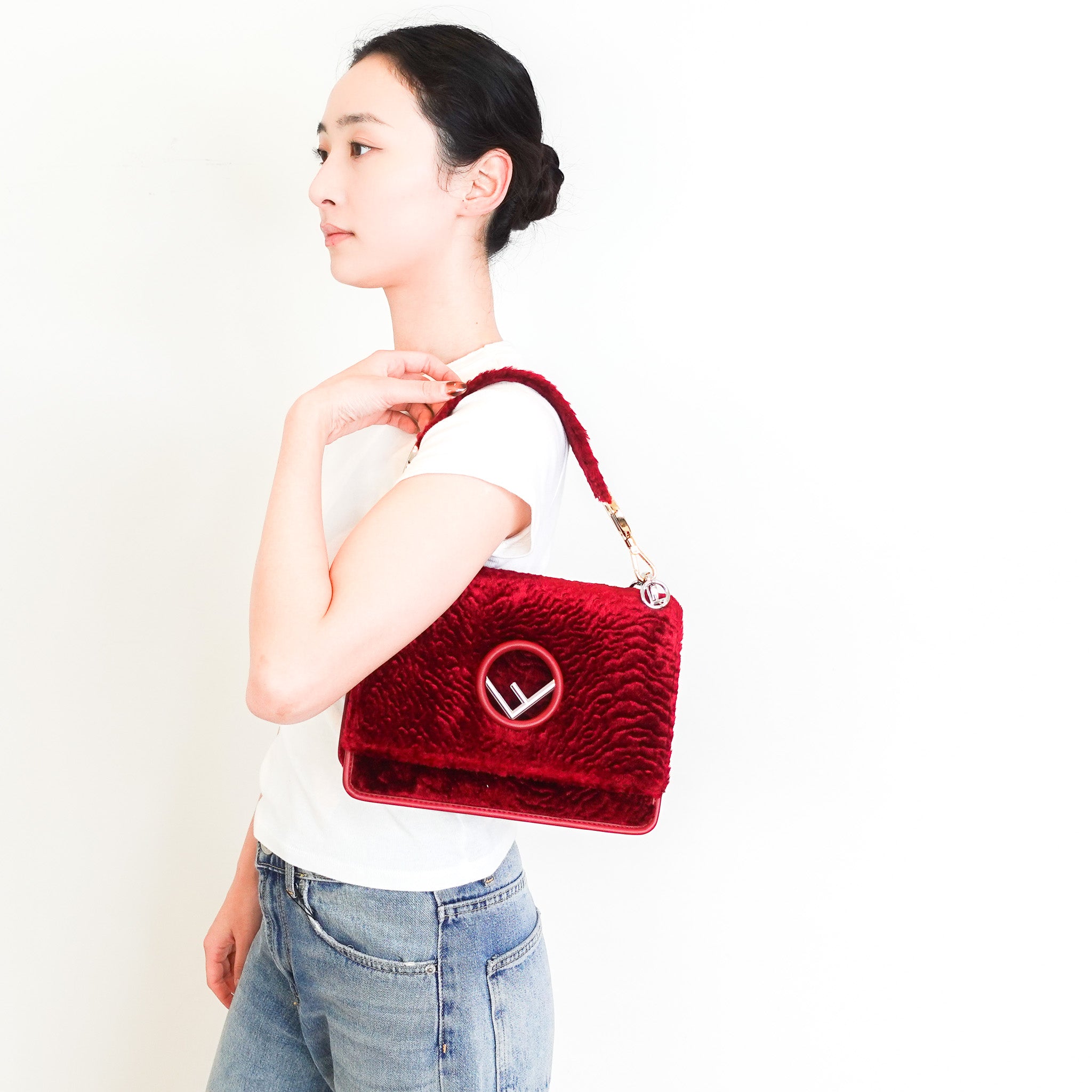 Fendi Kan I F Shoulder Red Velour Bag RRP £1890 | Authentic Preloved - Reloved Again