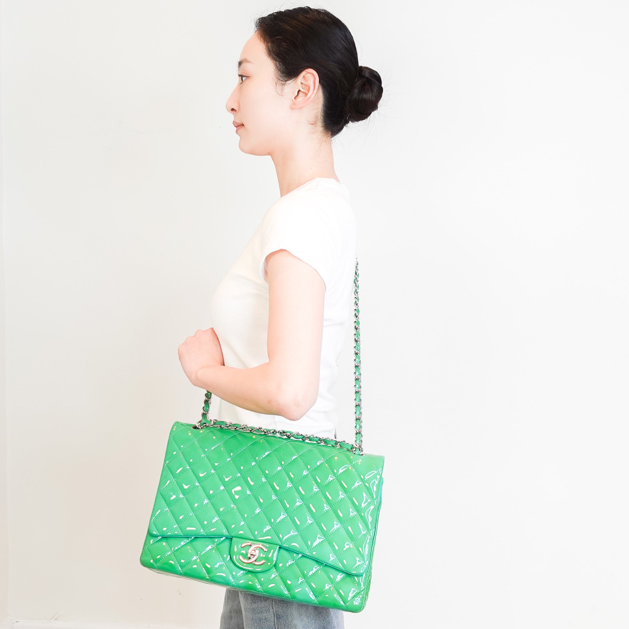 RARE Chanel Double Flap Maxi Green Patent Bag RRP £10000 | Authentic Preloved - Reloved Again