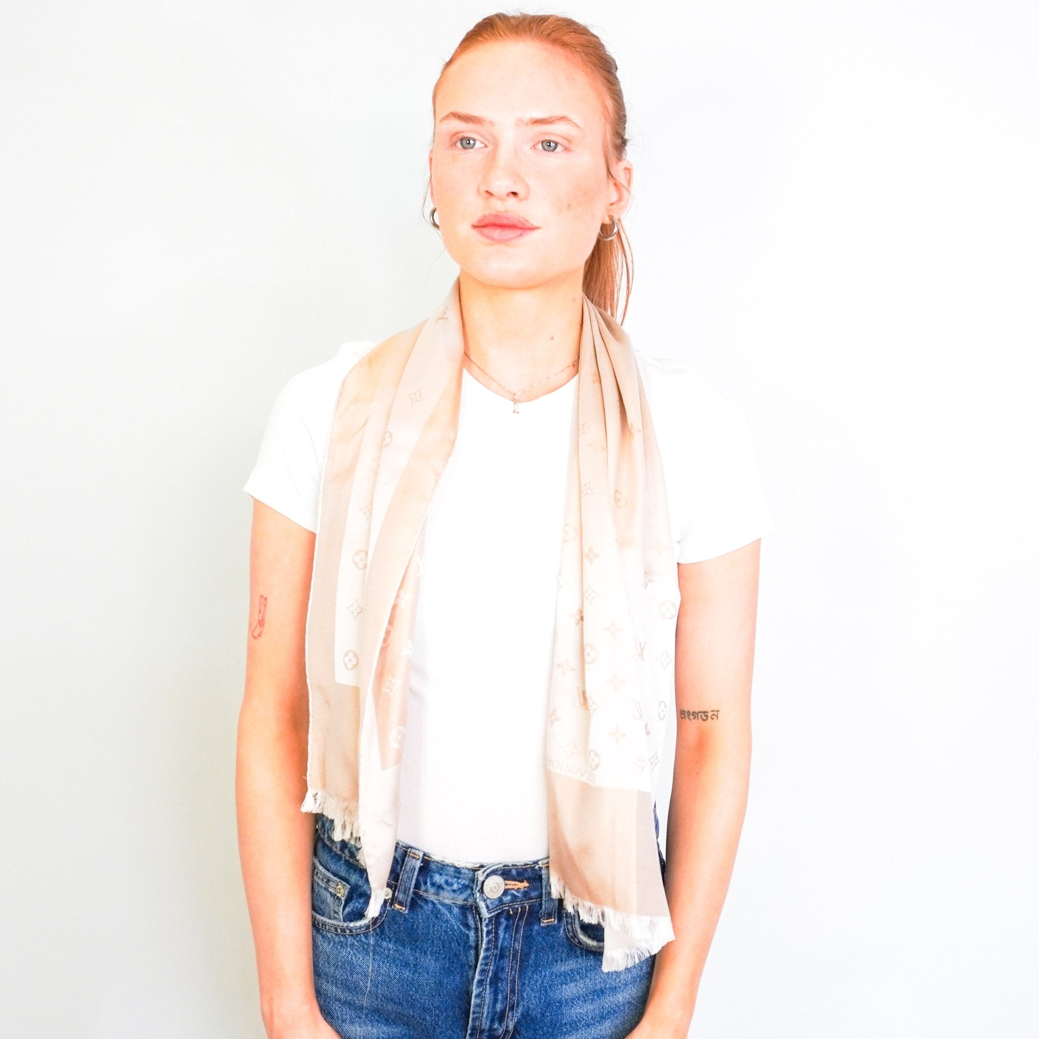 Louis Vuitton Beige Monogram Silk Scarf RRP £400 | Authentic Preloved FINAL SALE - Reloved Again