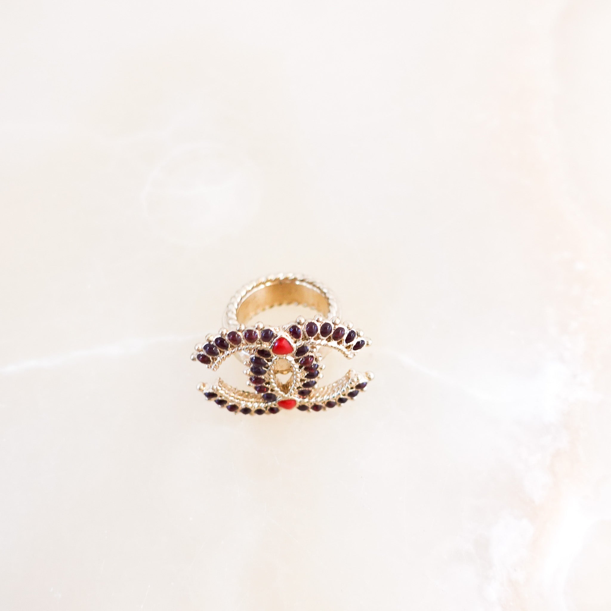 Chanel CC Red Rhinestone Cocktail Ring | Authentic Preloved - Reloved Again