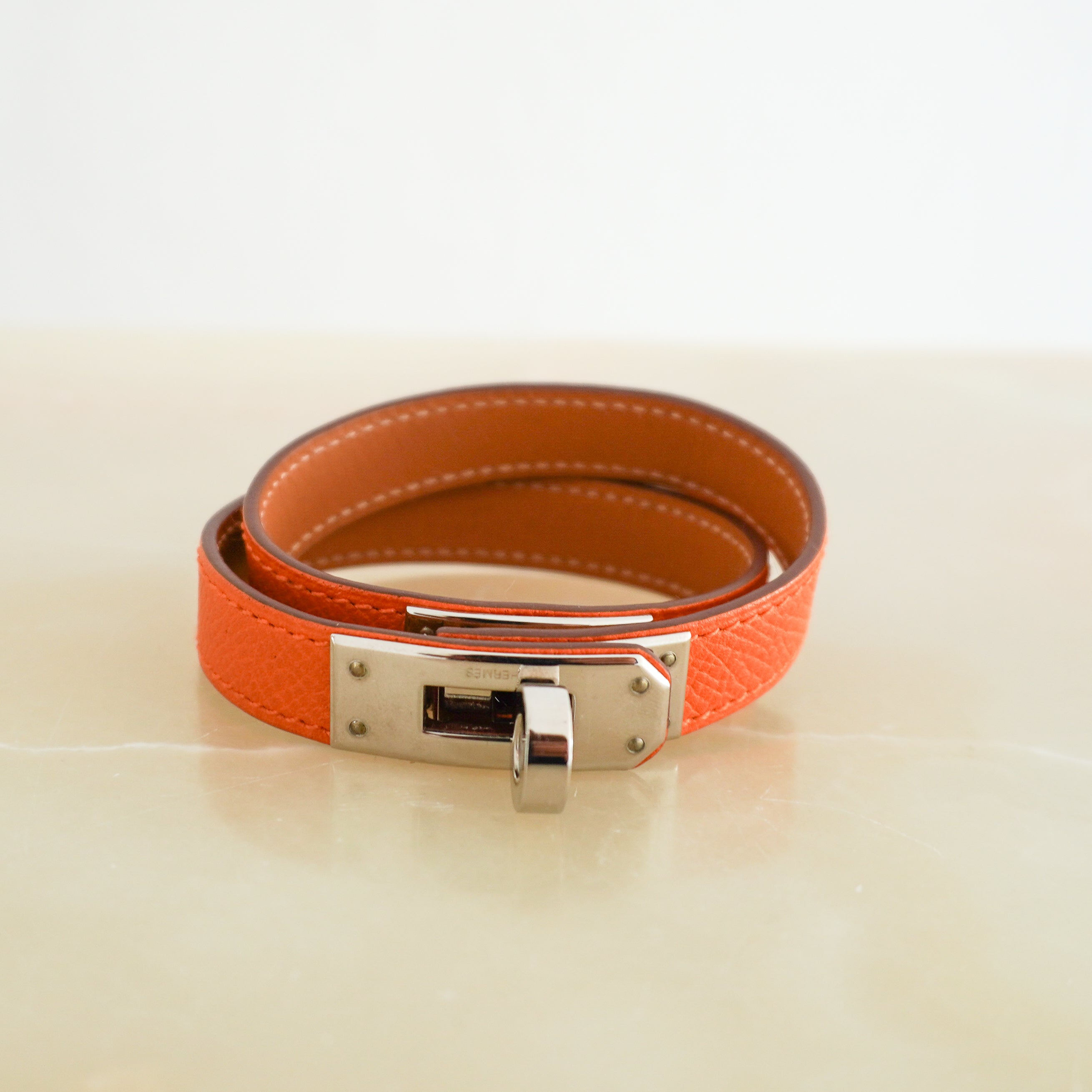 Hermès Kelly Double Tour Bracelet in Feu Epsom Leather and Palladium Hardware (RRP £445) | Authentic Preloved
