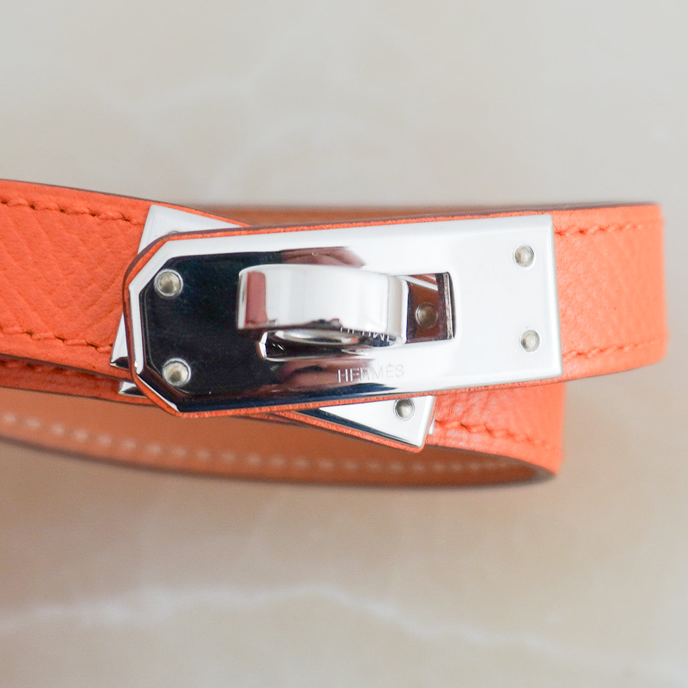 Hermès Kelly Double Tour Bracelet in Feu Epsom Leather and Palladium Hardware (RRP £445) | Authentic Preloved