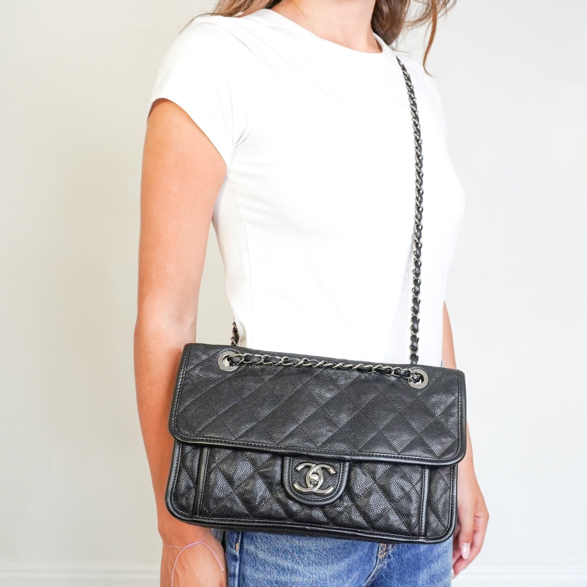 Chanel CC Medium French Riviera Single Flap Bag in Black Caviar Leather | Authentic Preloved - Reloved Again
