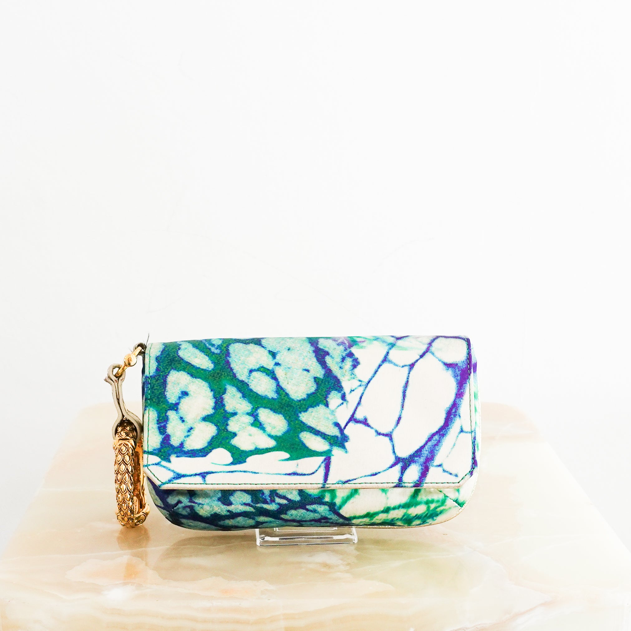 Roberto Cavalli Blue Tie-dye Satin Mini Clutch with Gold Bracelet RRP £725 | Authentic Preloved