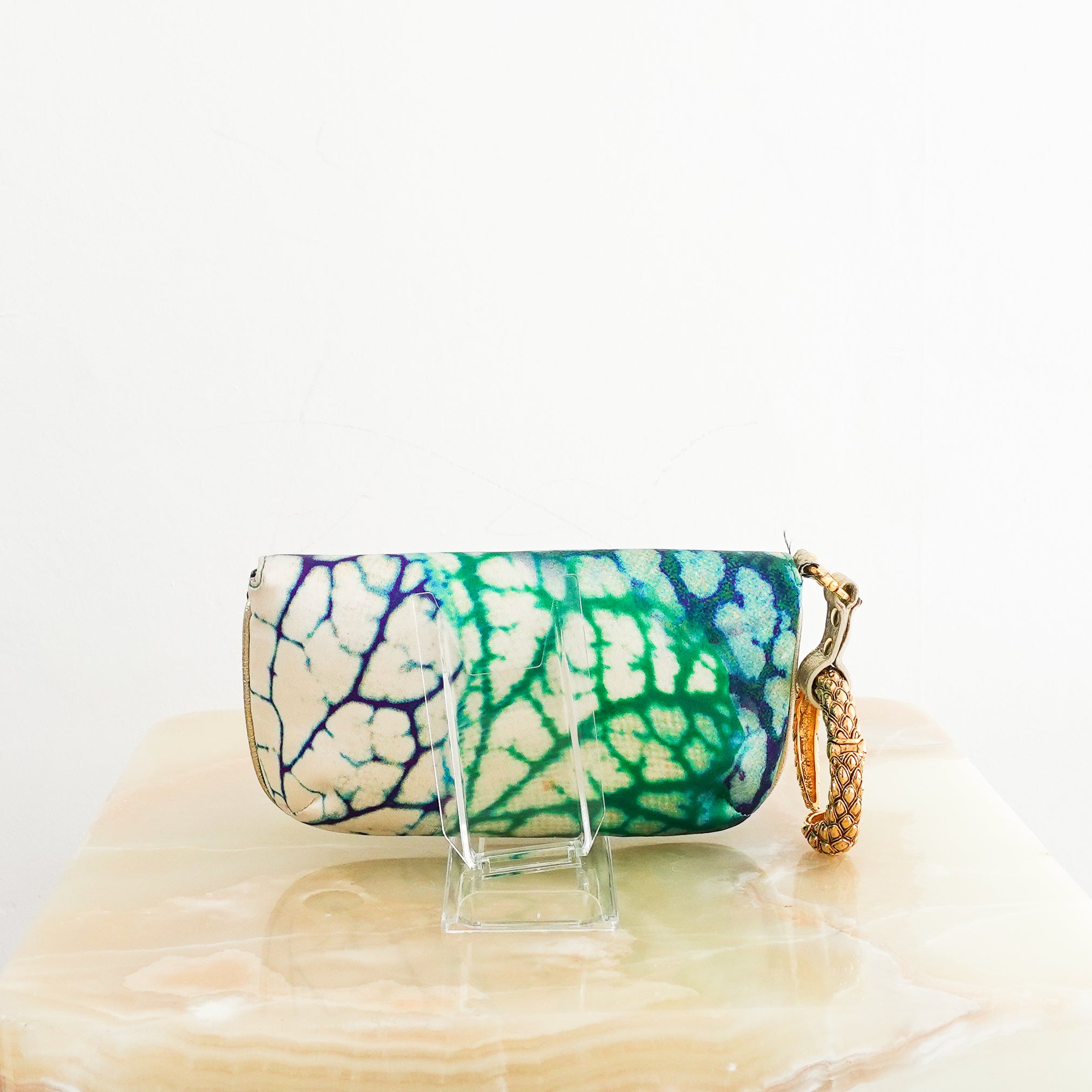 Roberto Cavalli Blue Tie-dye Satin Mini Clutch with Gold Bracelet RRP £725 | Authentic Preloved