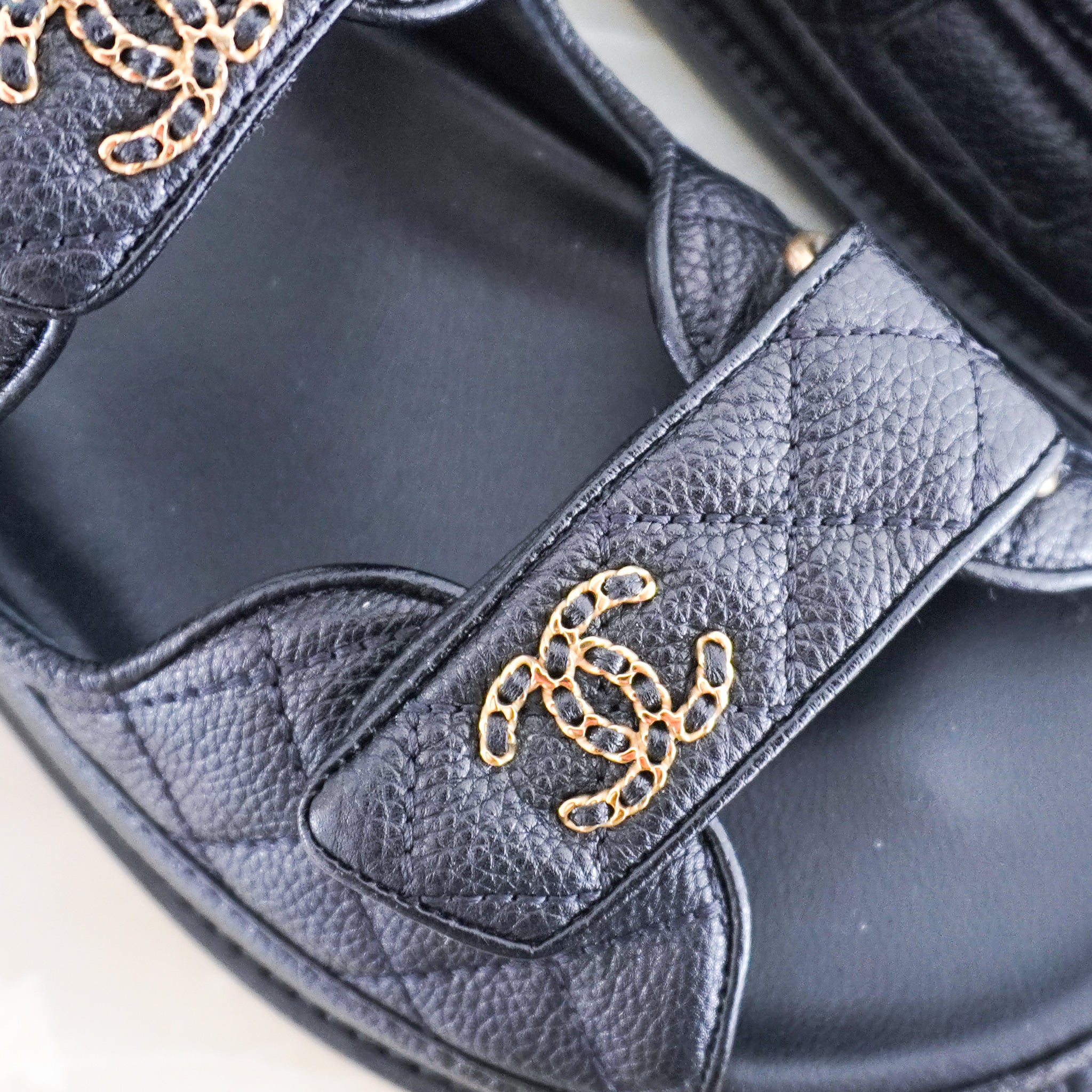 NEW Chanel Black and Gold Quilted Dad Sandals RRP £1300 | Authentic Preloved - Reloved Again
