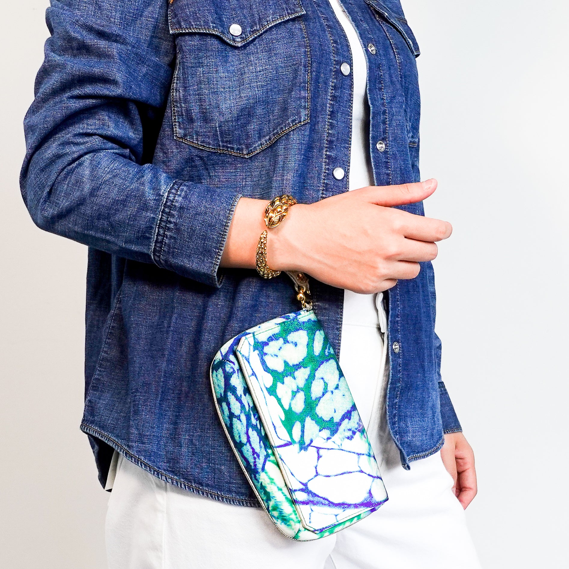 Roberto Cavalli Blue Tie-dye Satin Mini Clutch with Gold Bracelet RRP £725 | Authentic Preloved