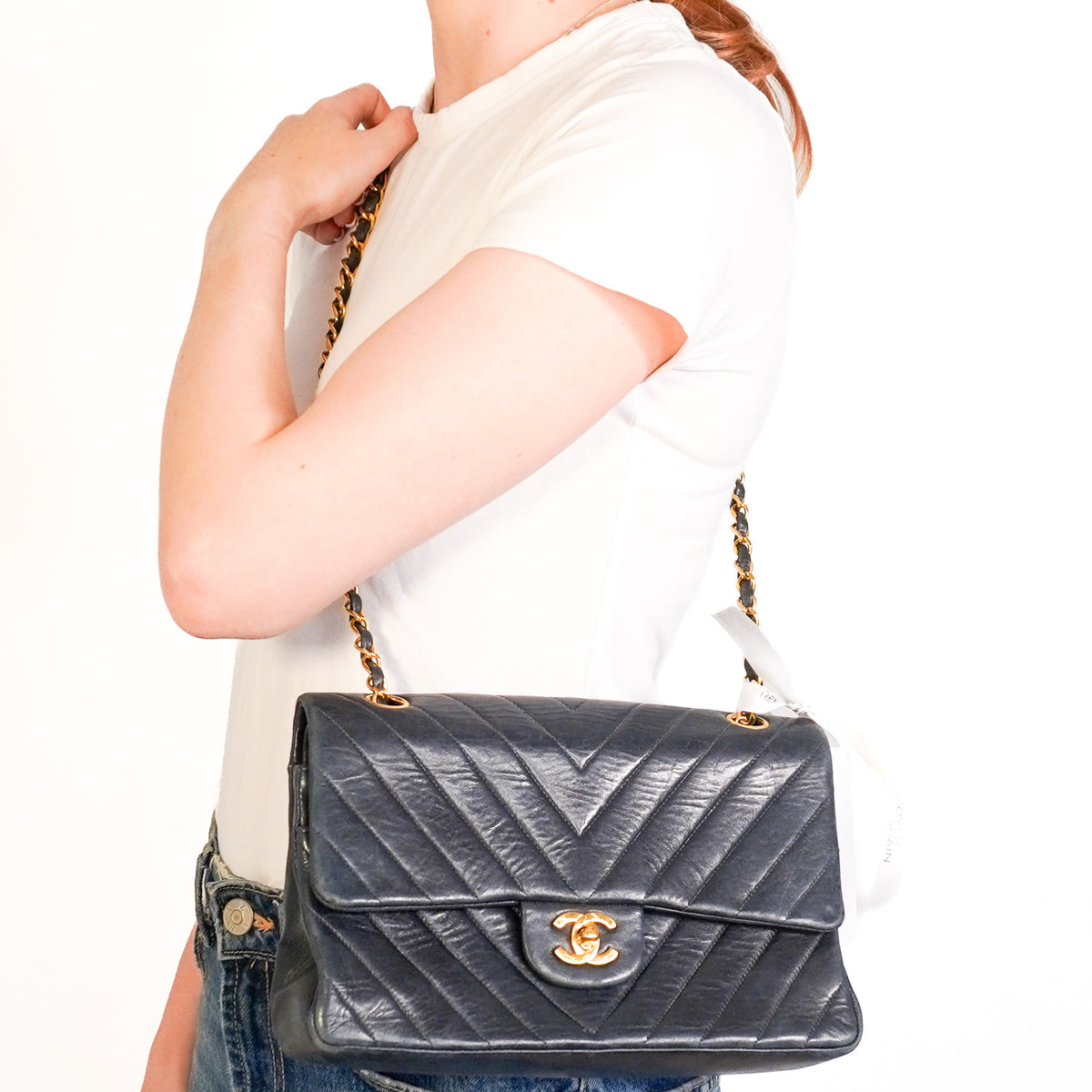 Chanel Vintage Medium Classic Chevron Double Flap Bag in Navy | Authentic Preloved