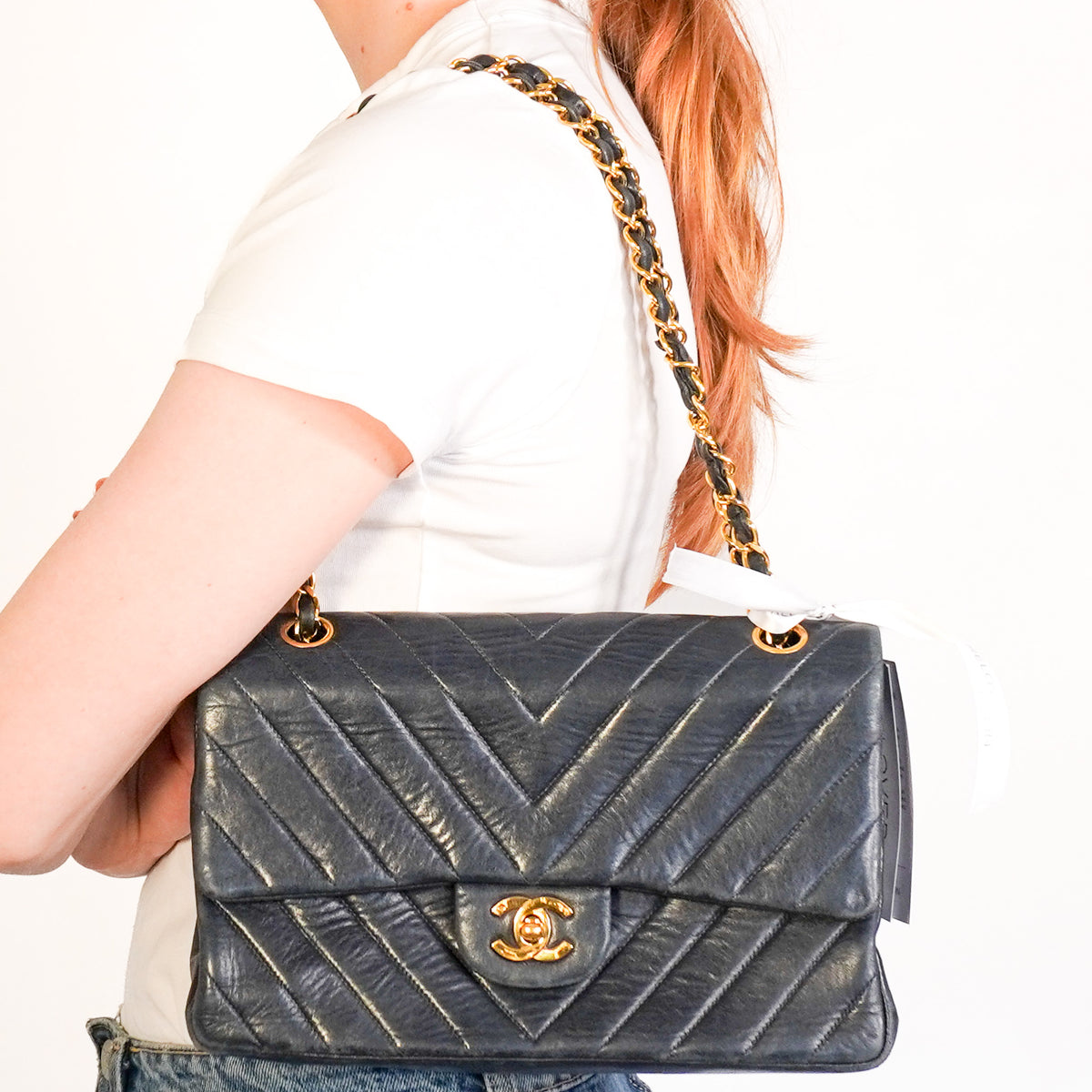 Chanel Vintage Medium Classic Chevron Double Flap Bag in Navy | Authentic Preloved
