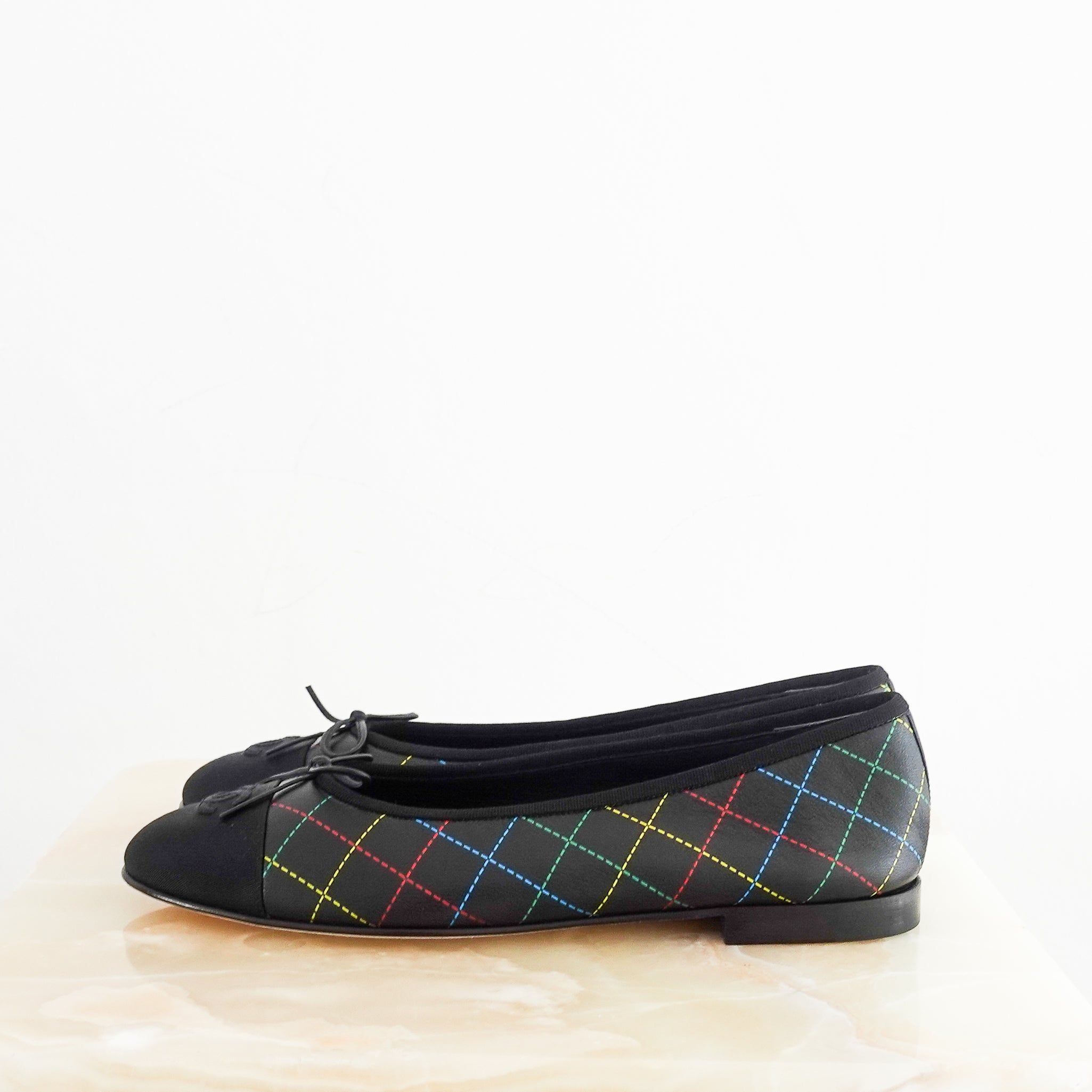 New Chanel SOLD OUT Black Ballet Flats with Multicolour Diamond Pattern RRP £970 | Authentic Preloved - Reloved Again