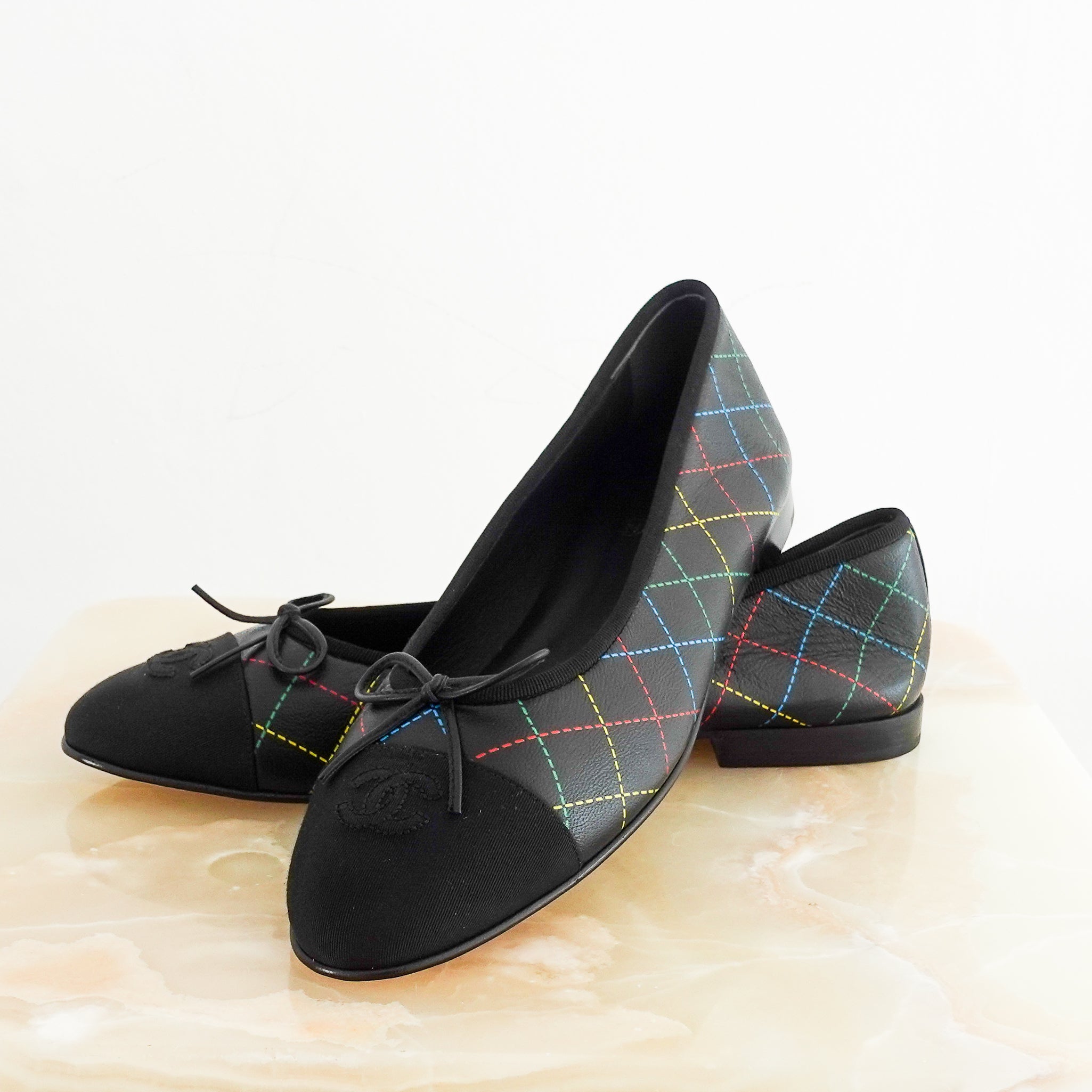 New Chanel SOLD OUT Black Ballet Flats with Multicolour Diamond Pattern RRP £970 | Authentic Preloved - Reloved Again
