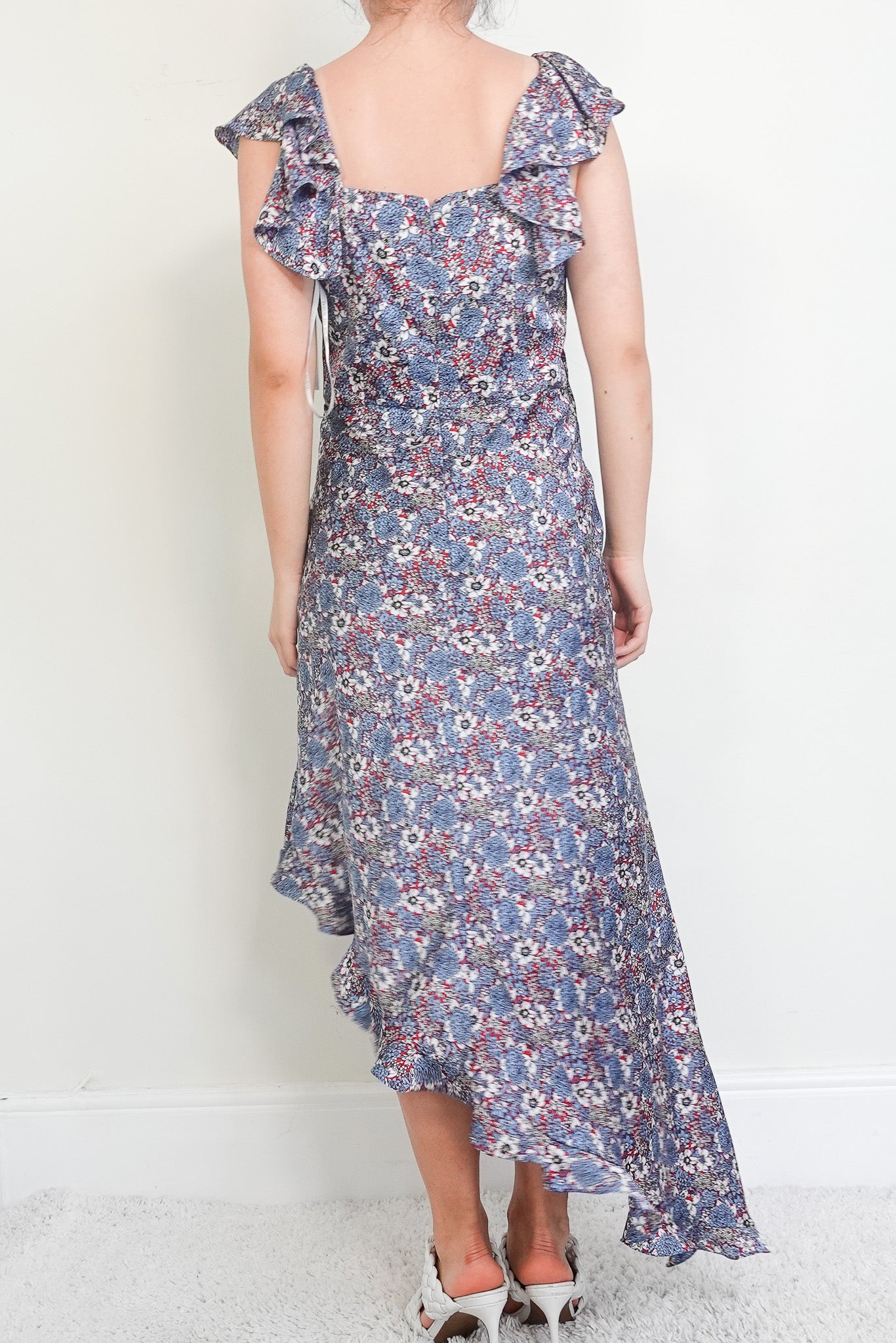 Blue floral ruffle dress RRP £320