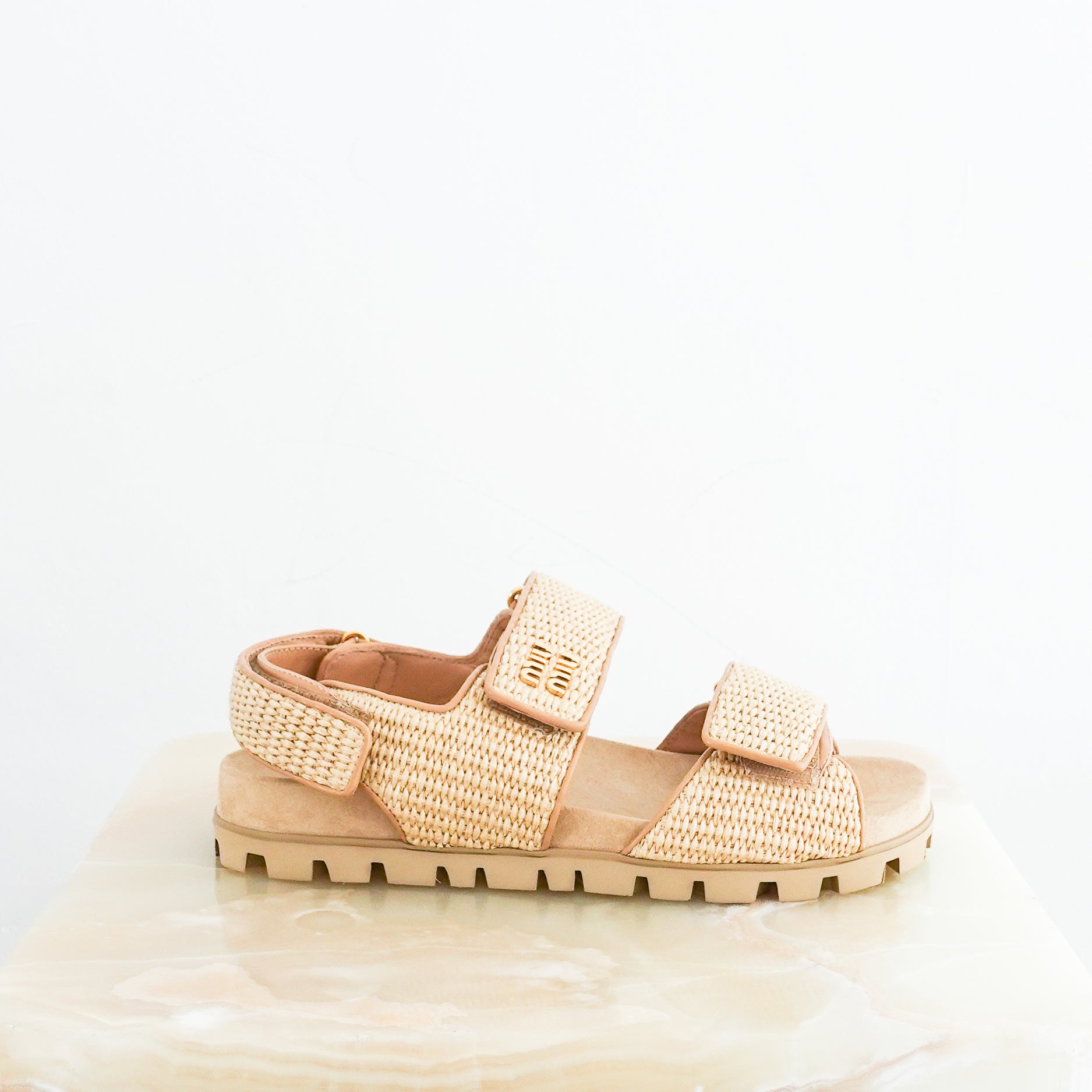 Miu Miu Beige Leather Trimmed Raffia Dad Sandals RRP £820 | Authentic Preloved