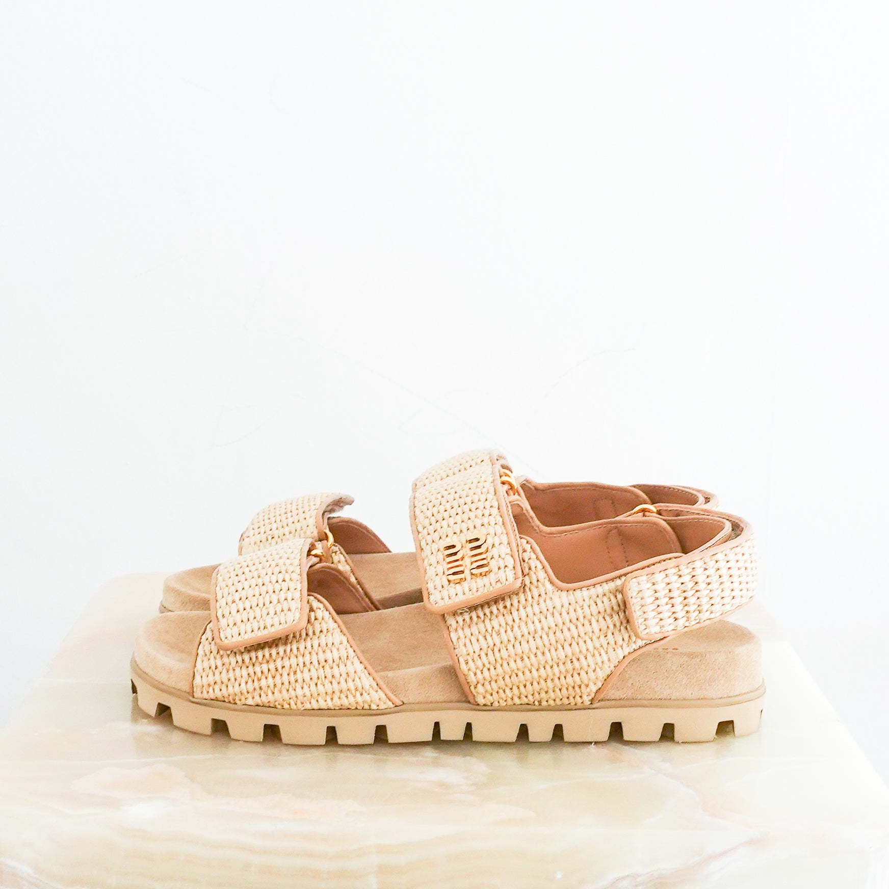 Miu Miu Beige Leather Trimmed Raffia Dad Sandals RRP £820 | Authentic Preloved
