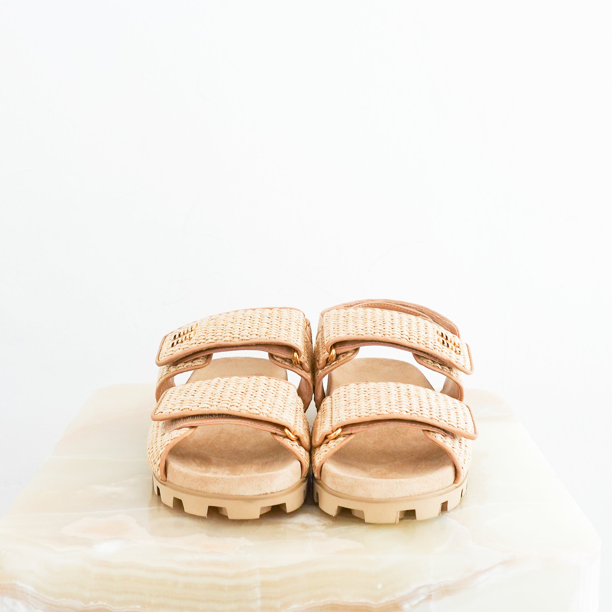 Miu Miu Beige Leather Trimmed Raffia Dad Sandals RRP £820 | Authentic Preloved