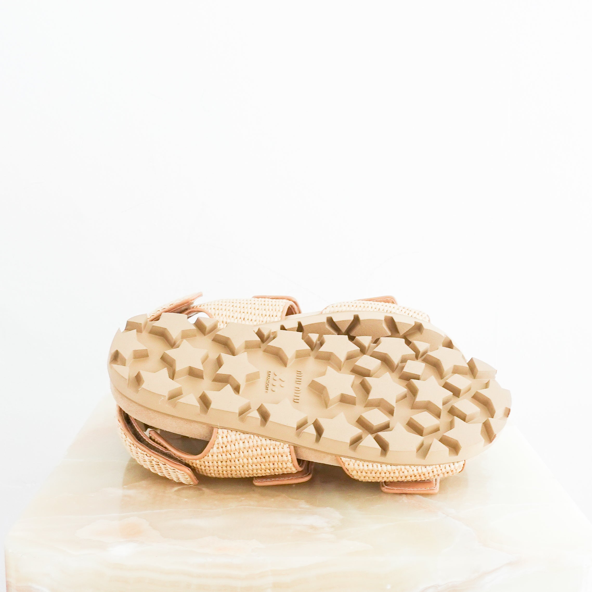 Miu Miu Beige Leather Trimmed Raffia Dad Sandals RRP £820 | Authentic Preloved
