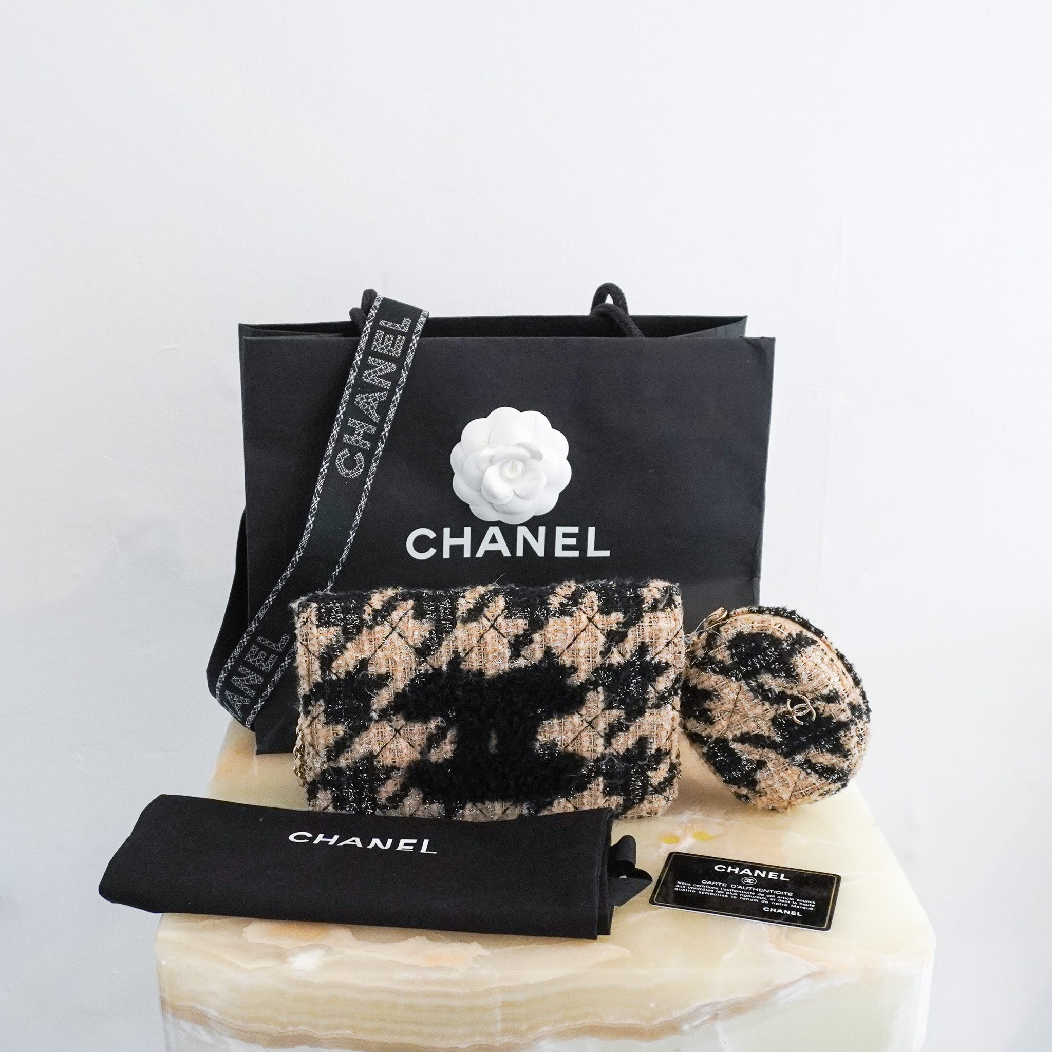 Chanel Beige and Black Houndstooth Tweed Wallet On Chain with Coin Pouch RRP £3500 | Authentic Preloved - Reloved Again