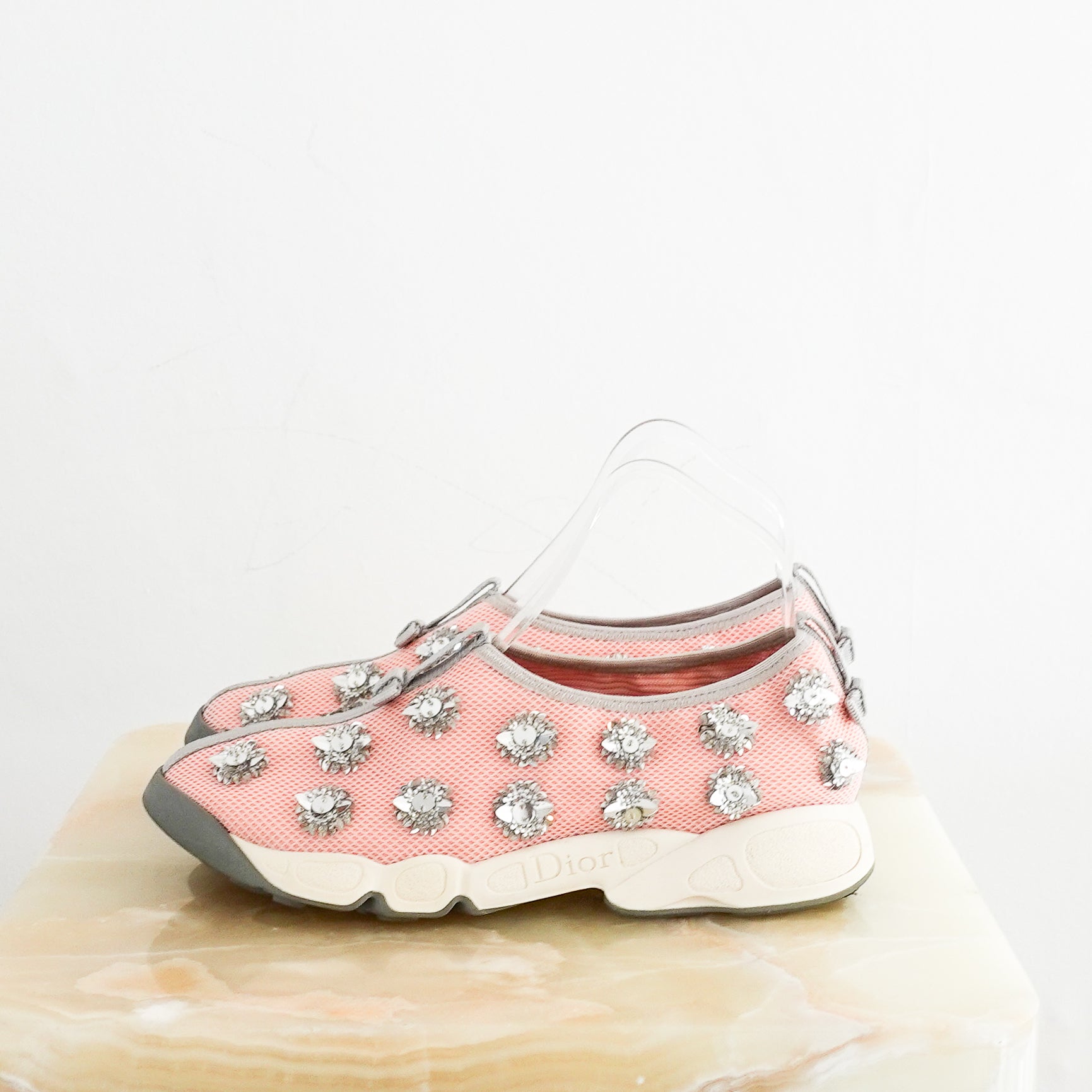 Dior Pink Embellished Swarovski Trainers with Grey Bows RRP £700 | Authentic Preloved - Reloved Again