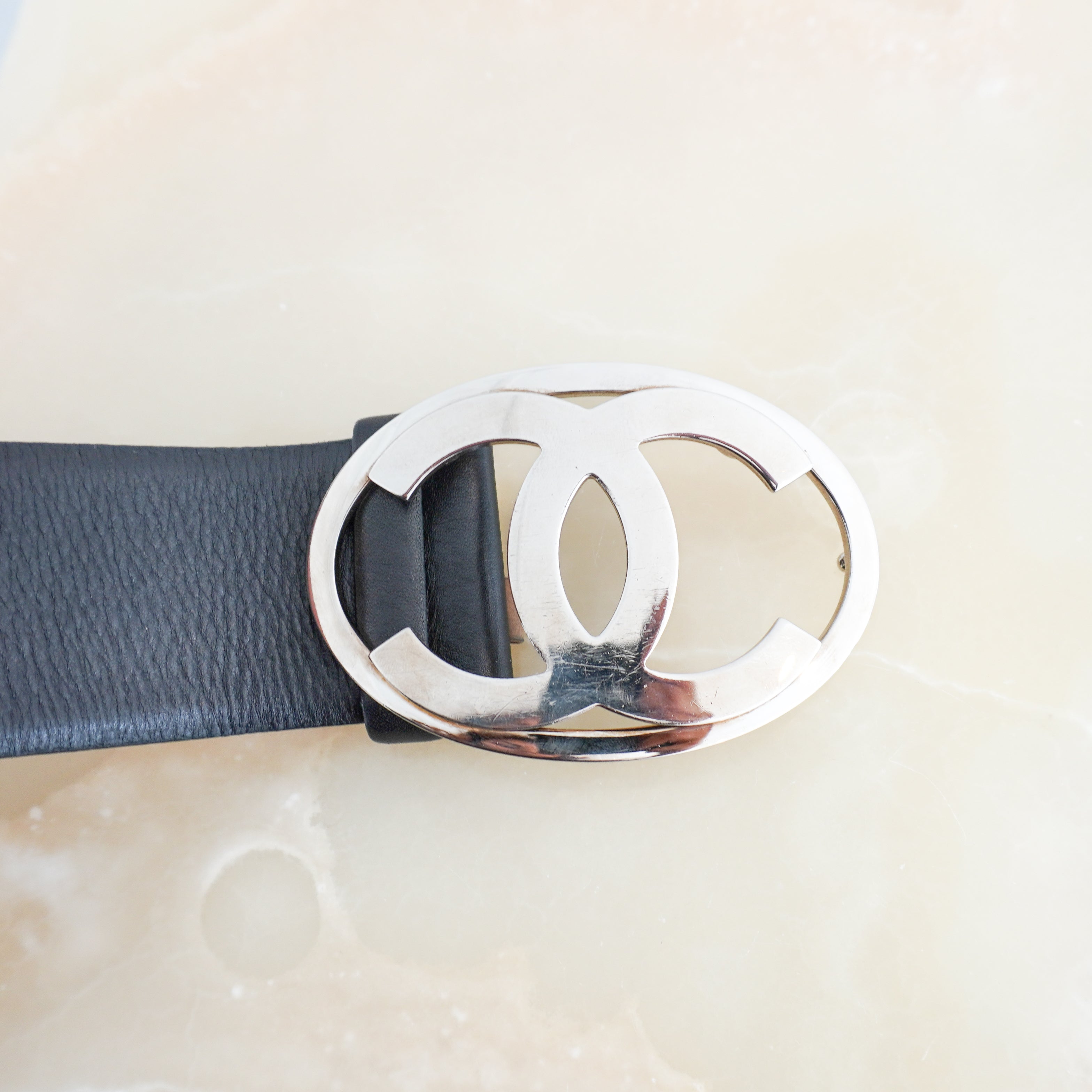 Chanel Silver-Tone CC Buckle Belt in Black Calfskin Leather (RRP £900) | Authentic Preloved FINAL SALE