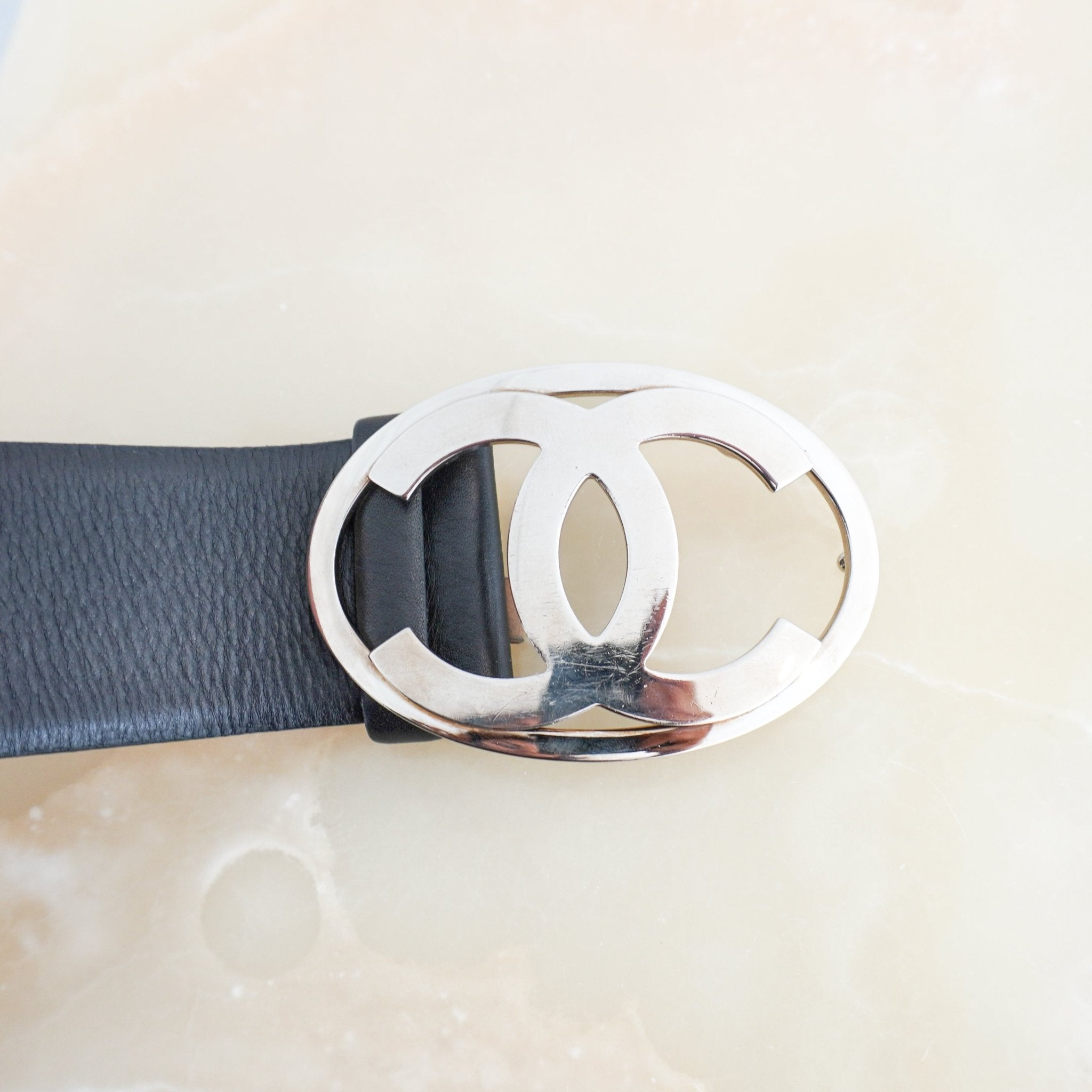 Chanel Silver-Tone CC Buckle Belt in Black Calfskin Leather (RRP £900) | Authentic Preloved FINAL SALE - Reloved Again