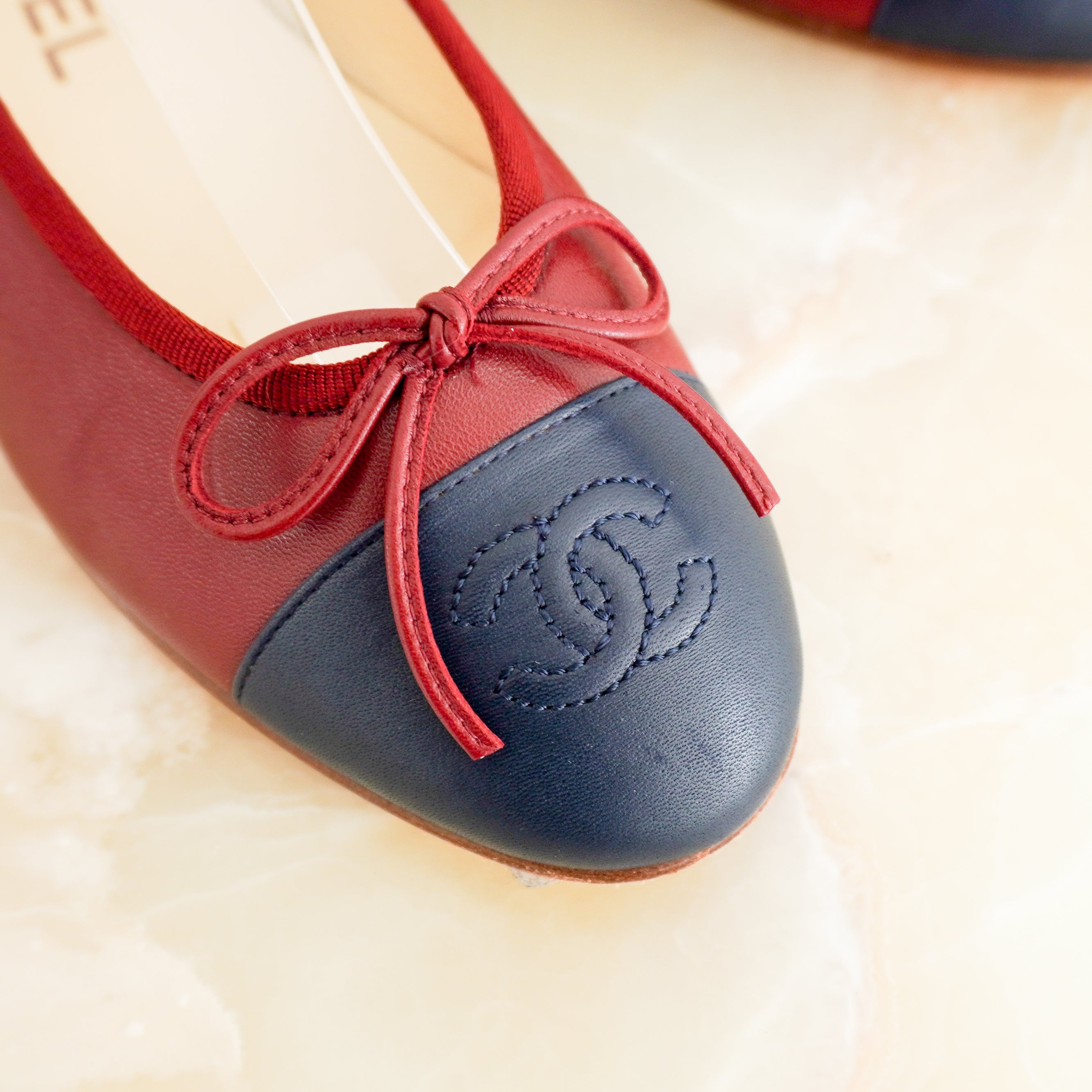 Chanel CC Two-Tone Ballet Flats in Burgundy & Navy Leather (RRP £850) | Authentic Preloved