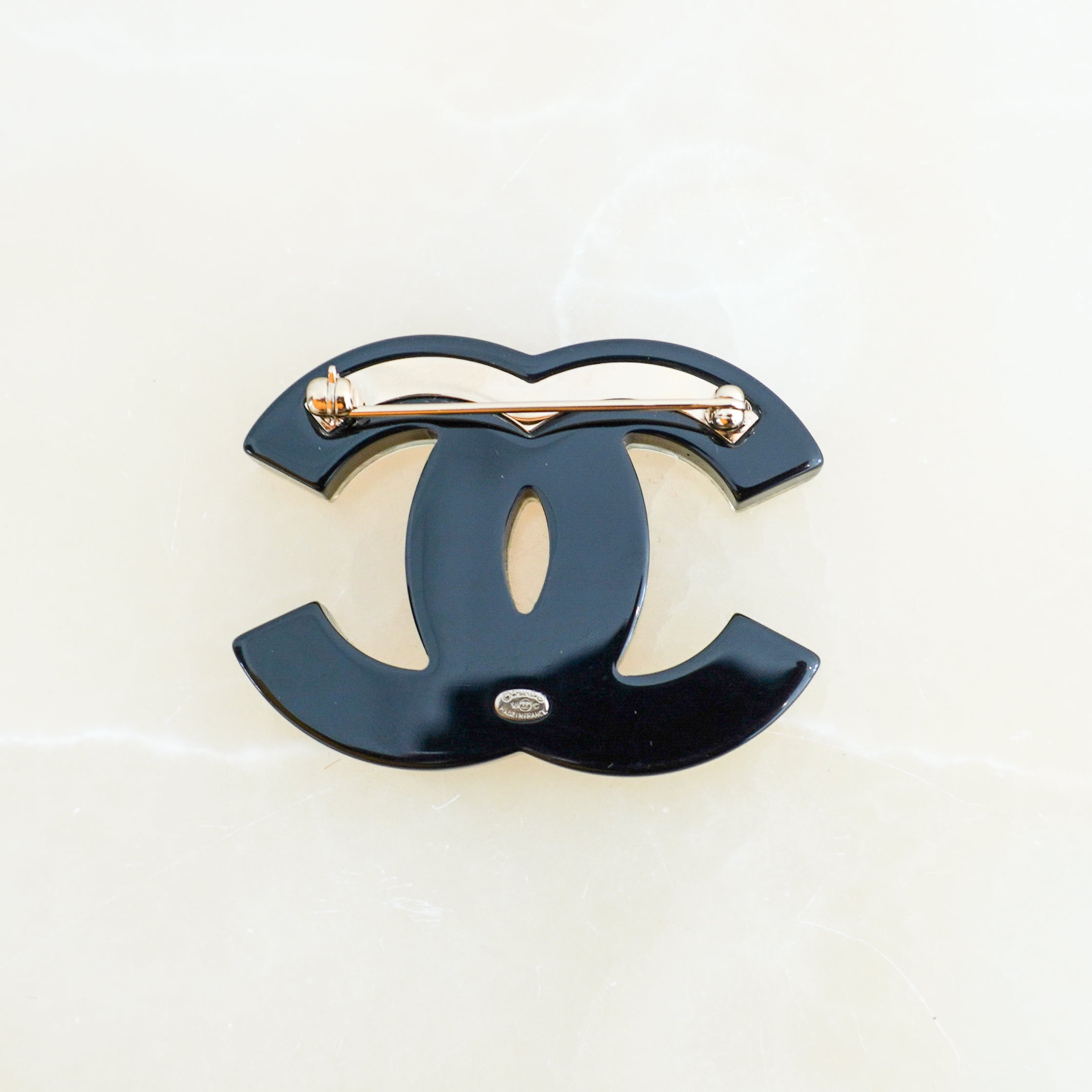 Chanel 18C Floral CC Logo Brooch in Black Resin (RRP £495) | Authentic Preloved FINAL SALE