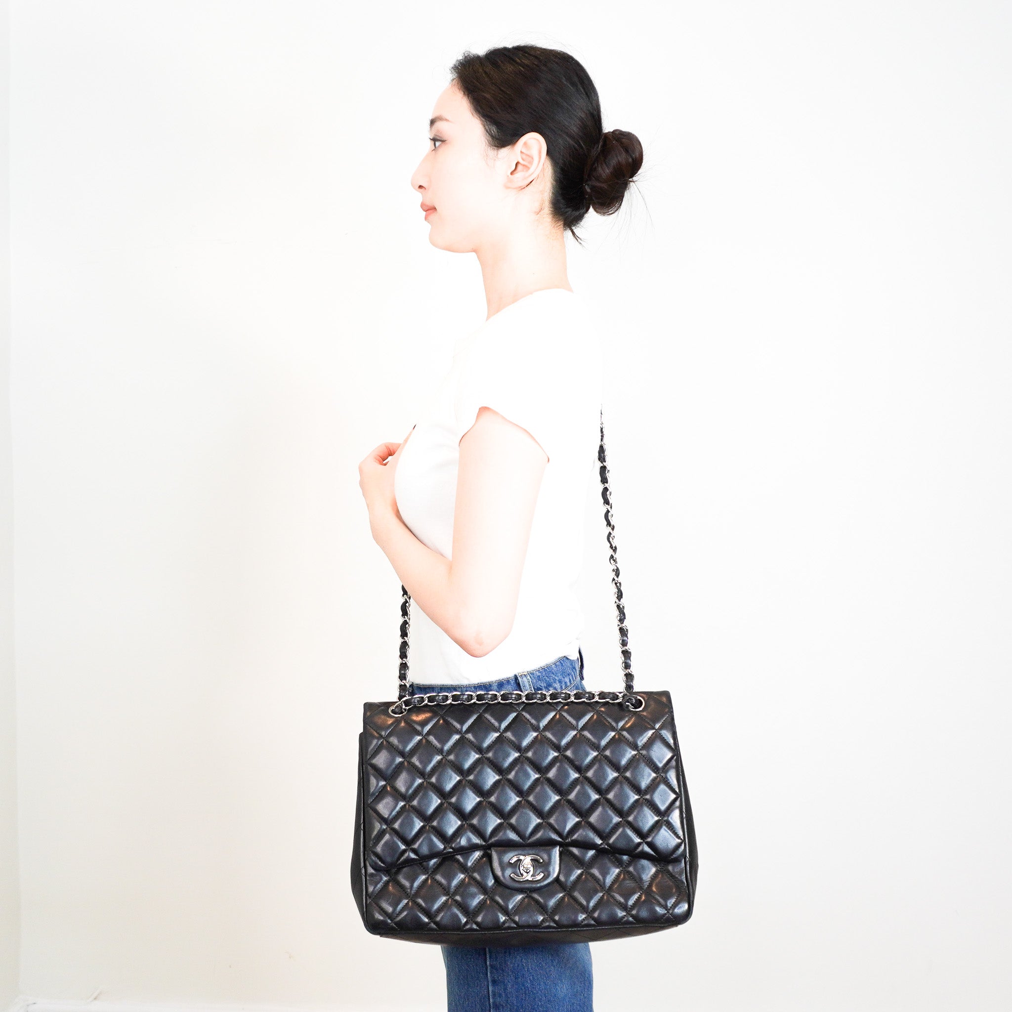 Chanel Maxi Lambskin Classic Single Flap Bag Black RRP £10000 | Authentic Preloved - Reloved Again