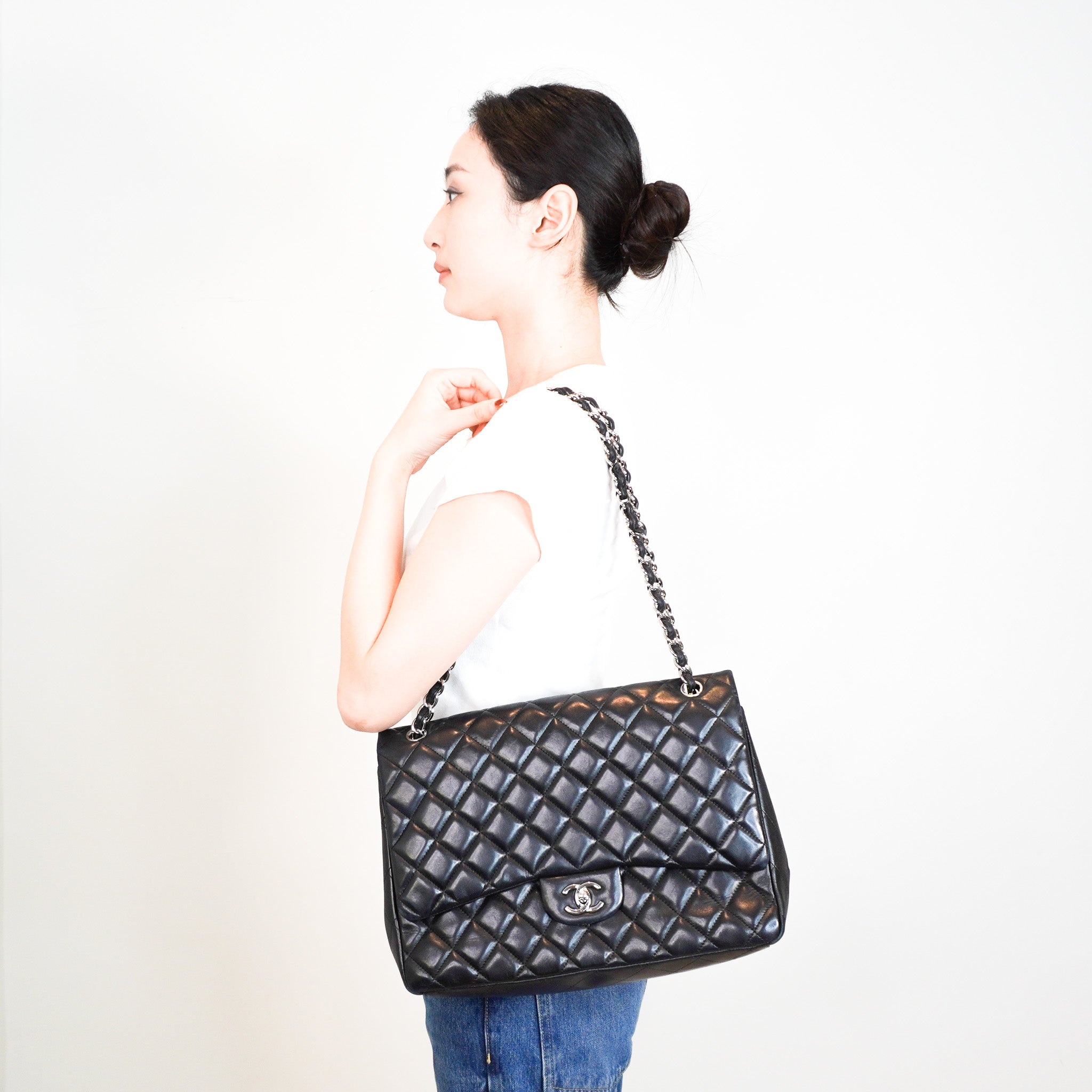 Chanel Maxi Lambskin Classic Single Flap Bag Black RRP £10000 | Authentic Preloved - Reloved Again