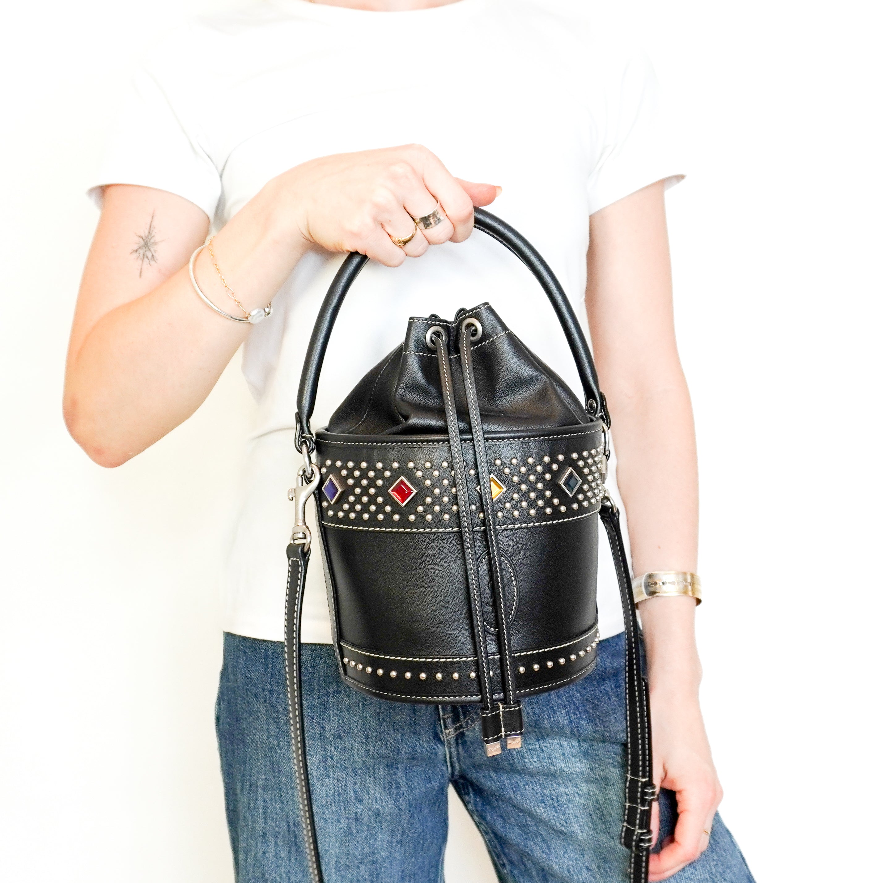 Saint Laurent Bahia Small Embellished Leather Bucket Bag in Black (RRP £2100) | Authentic Preloved