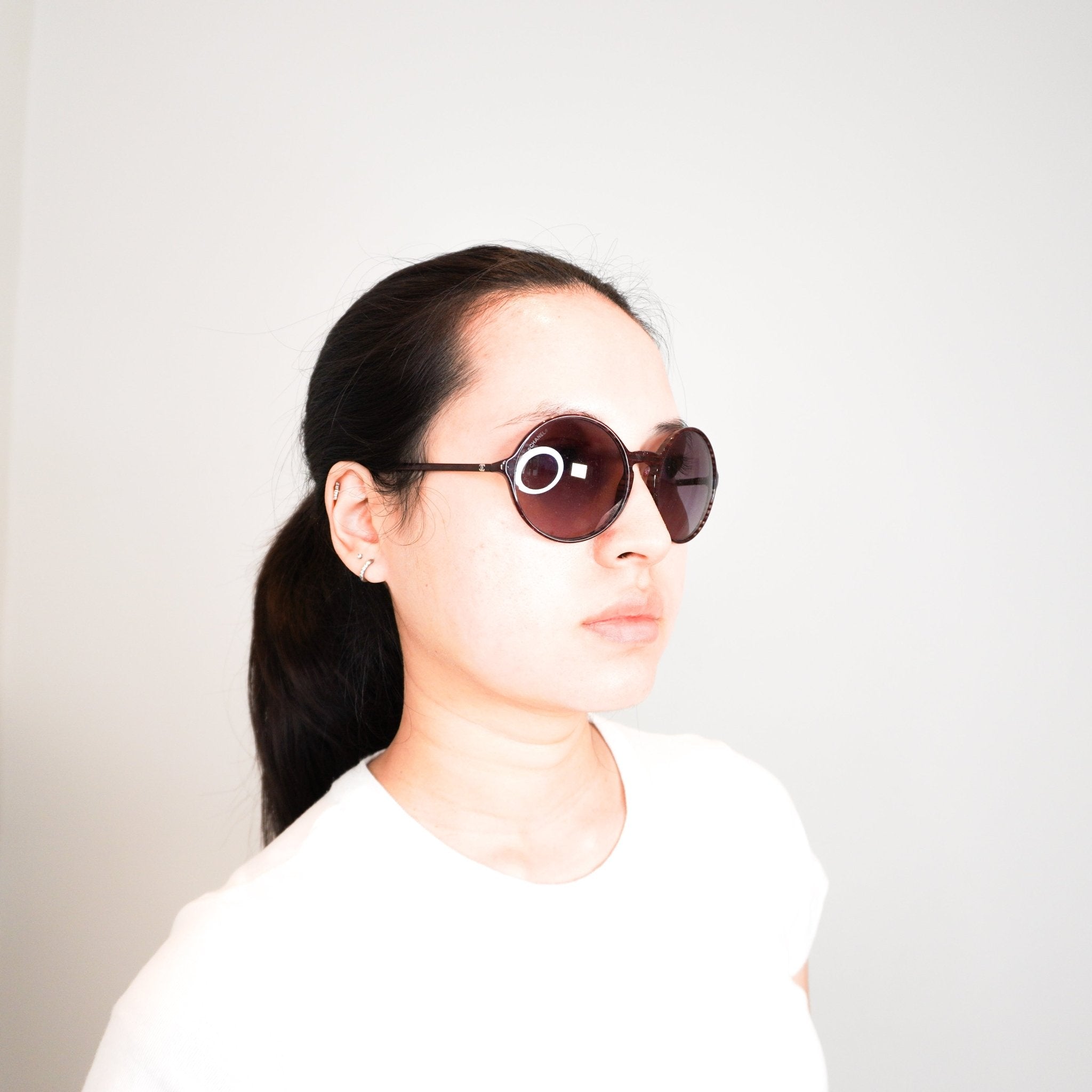 Chanel Burgundy Striped Round Sunglasses RRP £385 | Authentic Preloved - Reloved Again