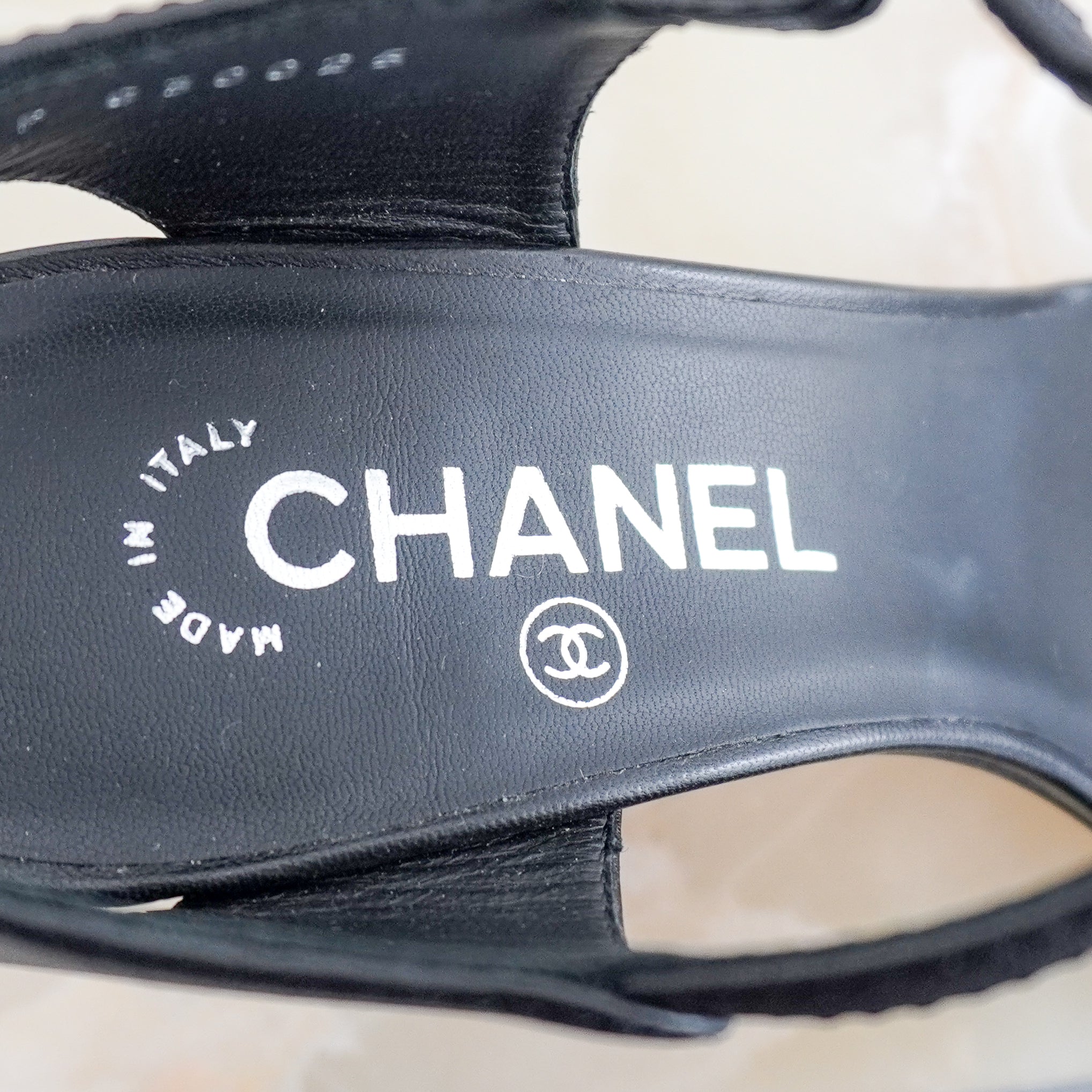 Chanel Black Patent & Leather Block Heel Sandals (RRP £950) | Authentic Preloved