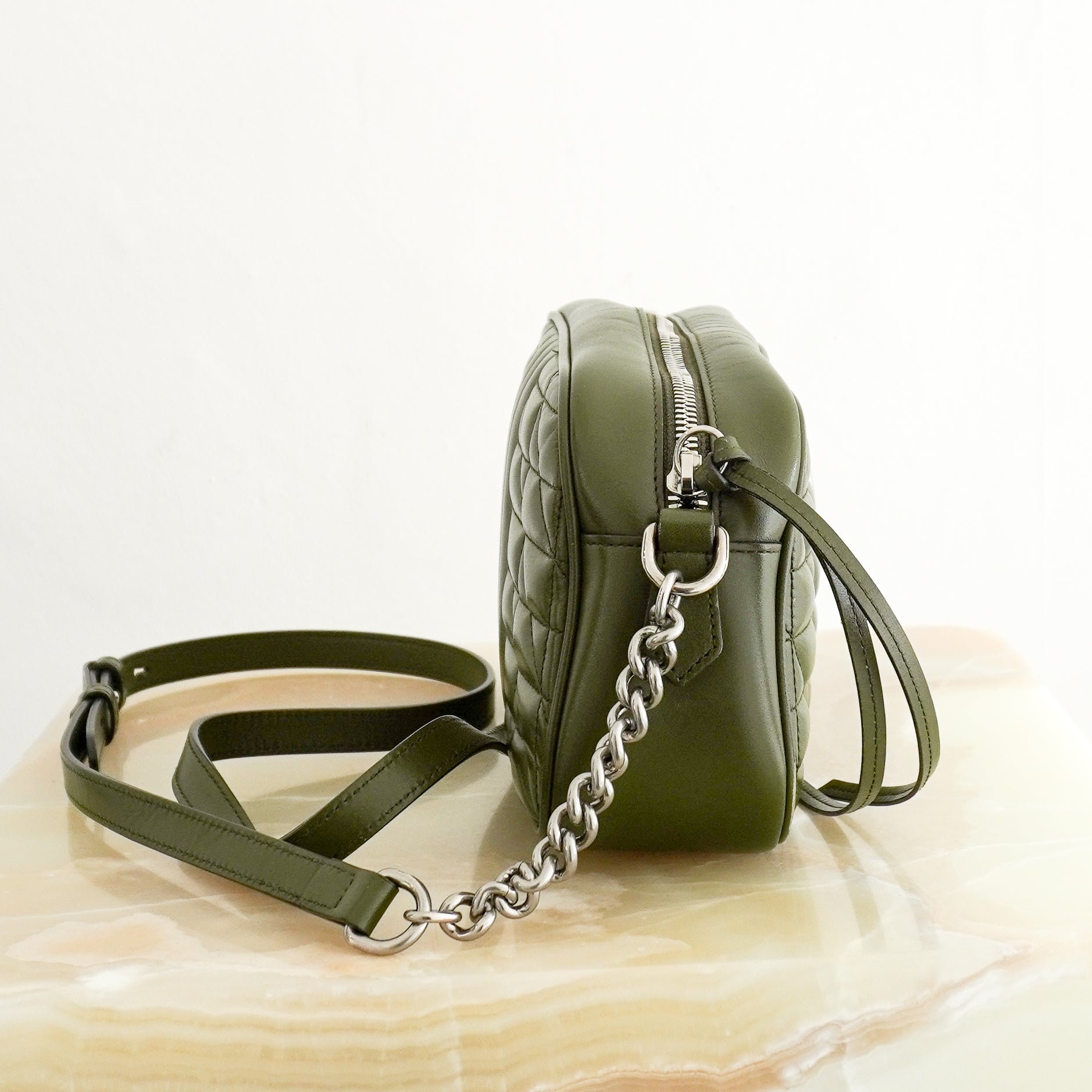 Gucci GG Marmont Small Matelassé Crossbody Bag in Olive Green (RRP £1460) | Authentic Preloved