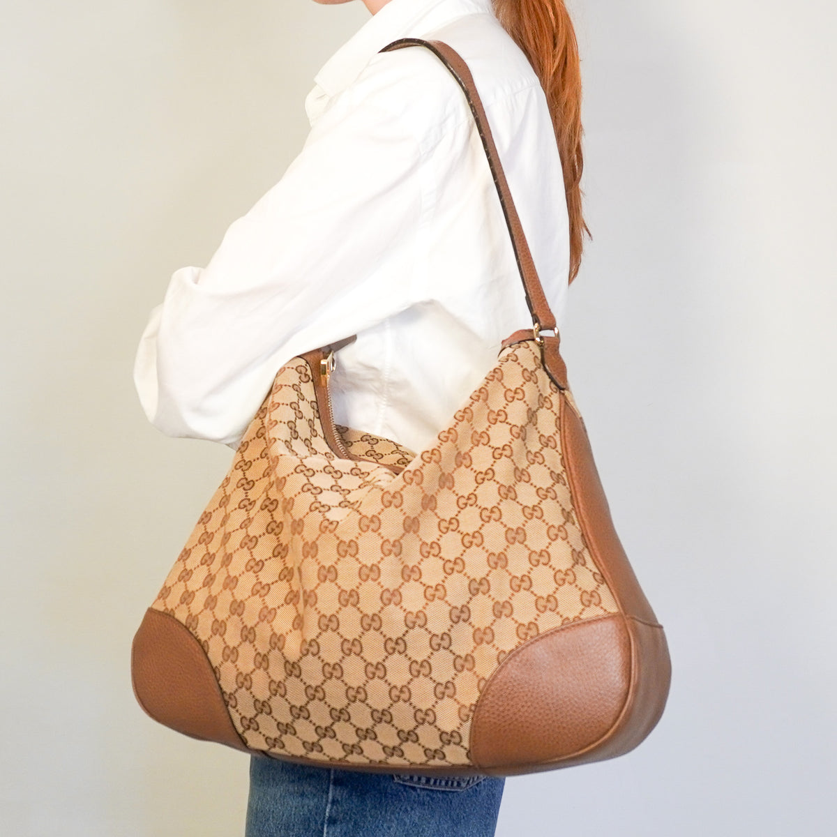 Gucci Large GG Monogram Canvas Brown Leather Hobo Bag (RRP £1500) | Authentic Preloved
