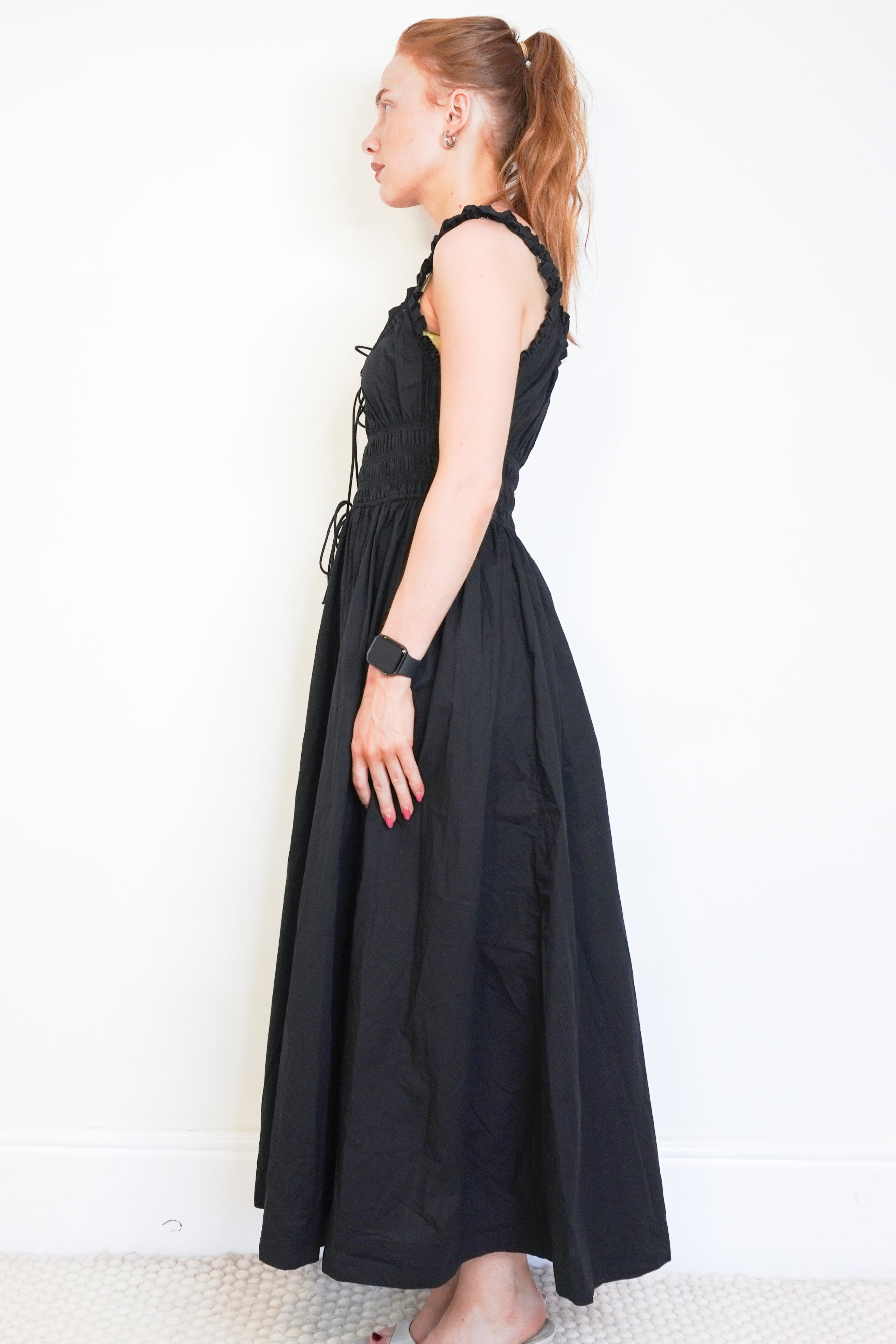 DÔEN Black Emmaretta Ruffle Dress side photo chelsea london
