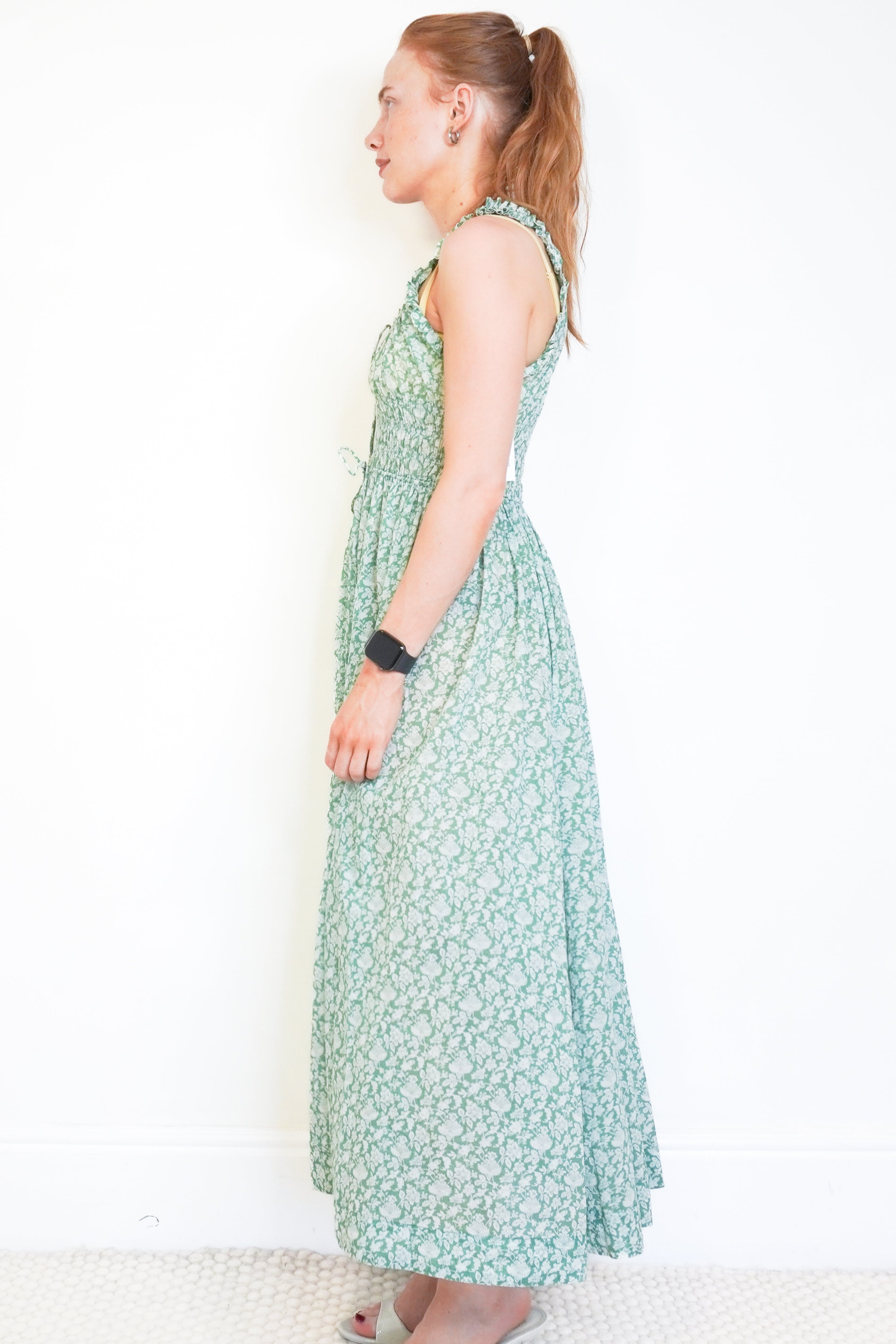 DÔEN Green Emmaretta Peridot Tea Floral Dress side photo chelsea london