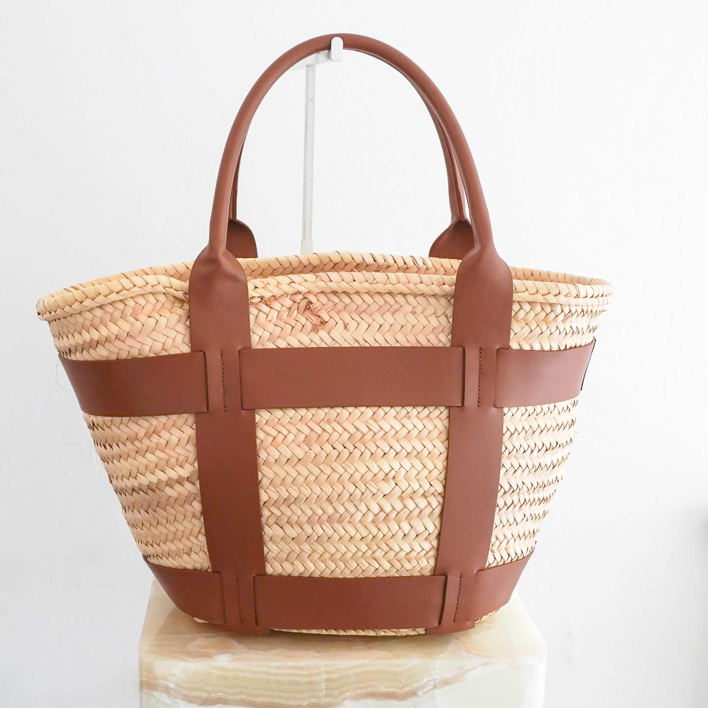 DeMellier The Maxi Santorini Natural Basket & Tan Leather Tote Bag back photo chelsea london