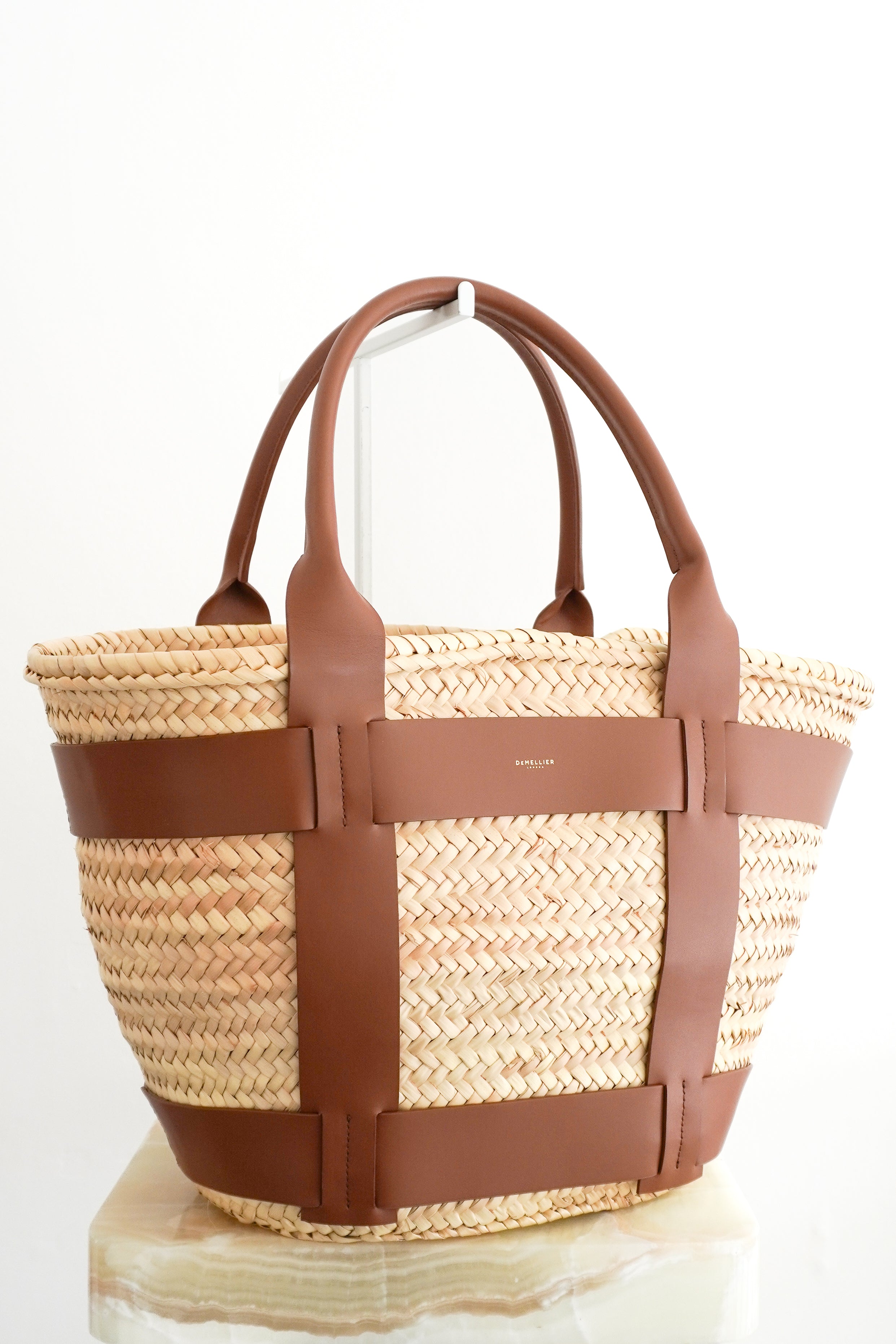 DeMellier The Maxi Santorini Natural Basket & Tan Leather Tote Bag front photo chelsea london