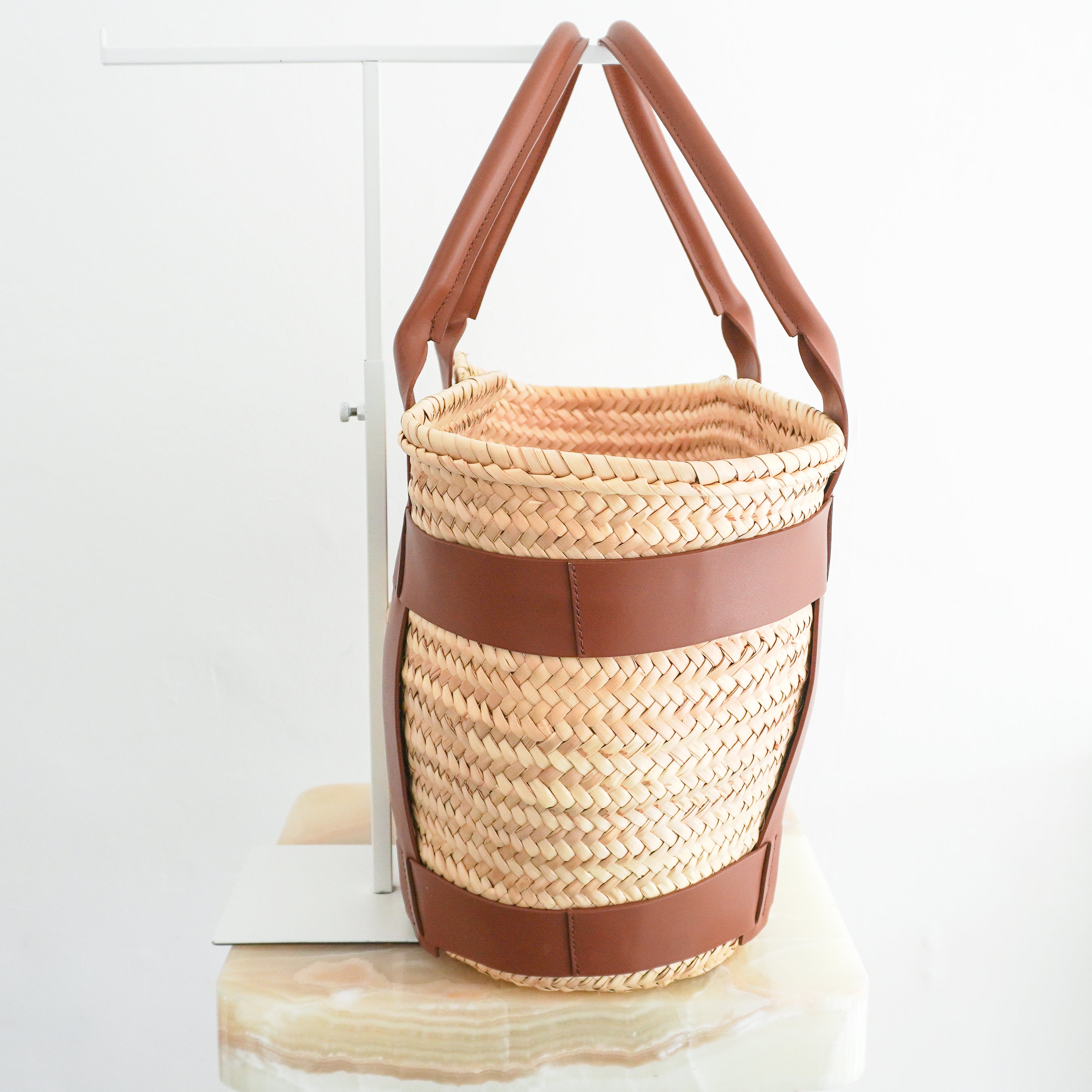 DeMellier The Maxi Santorini Natural Basket & Tan Leather side Bag front photo chelsea london