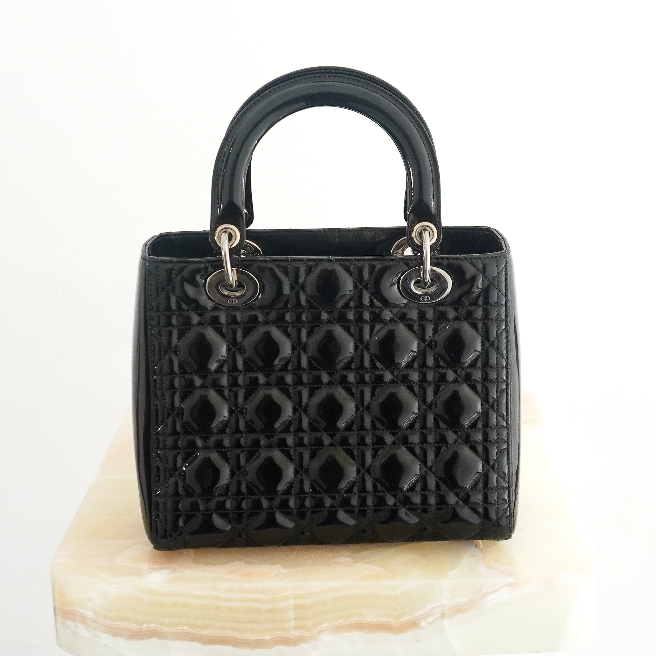 Dior Medium Lady Dior Bag Black Patent Cannage Calfskin back photo chelsea london
