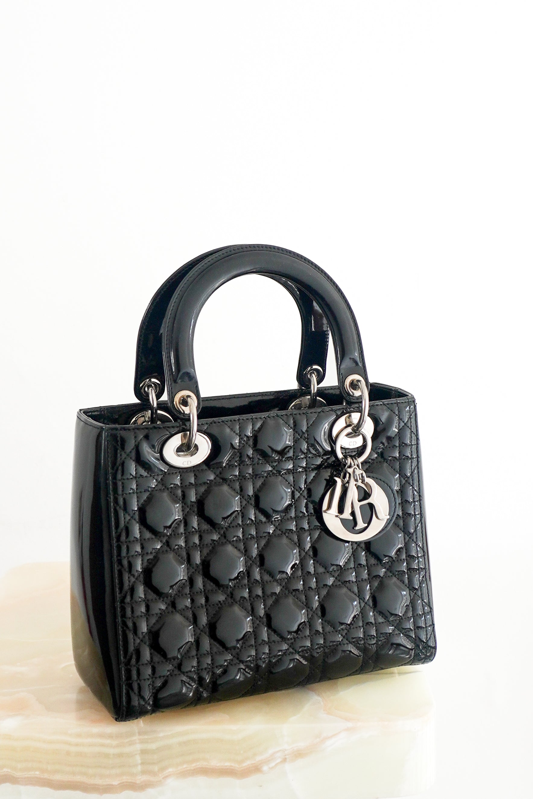 Dior Medium Lady Dior Bag Black Patent Cannage Calfskin front photo chelsea london